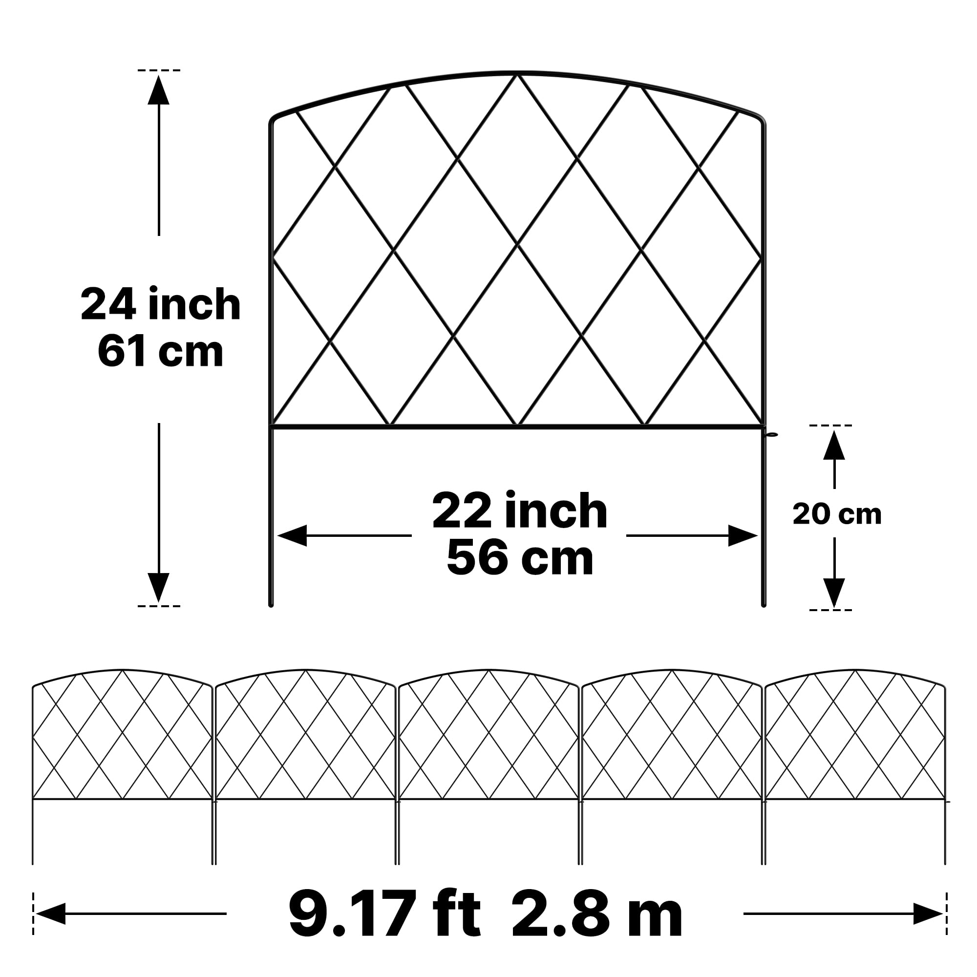 ARIFARO Ogrodzenie ogrodowe, 61 cm (wys.) x 56 cm (szer.) 5 paneli, dekoracyjne ogrodzenie, nierdzewne metalowe ogrodzenie bez kopania, ogrodzenie graniczne, żelazne ogrodzenie dla psa, ogrodzenie dla