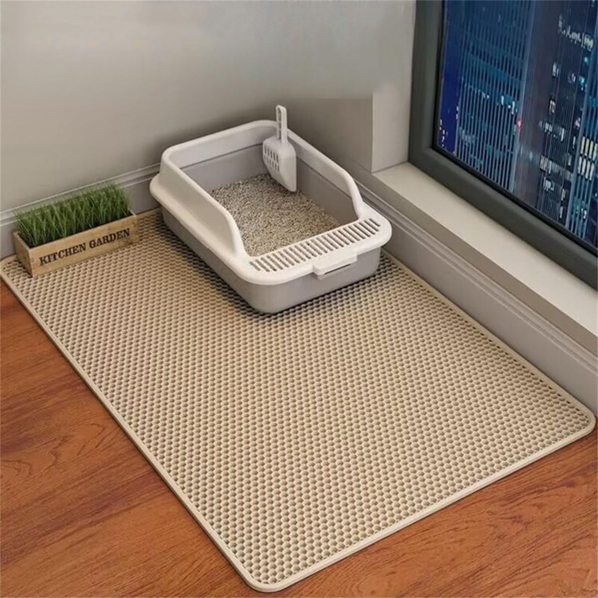 Xisnuient Honeycomb Cat Litter Mat, Two Layer Trapping Kitty Mats, Scatter Control, Soft on Paws, Indoor Box Supplies and Essentials,Easier Washable (40x50cm,Beige)