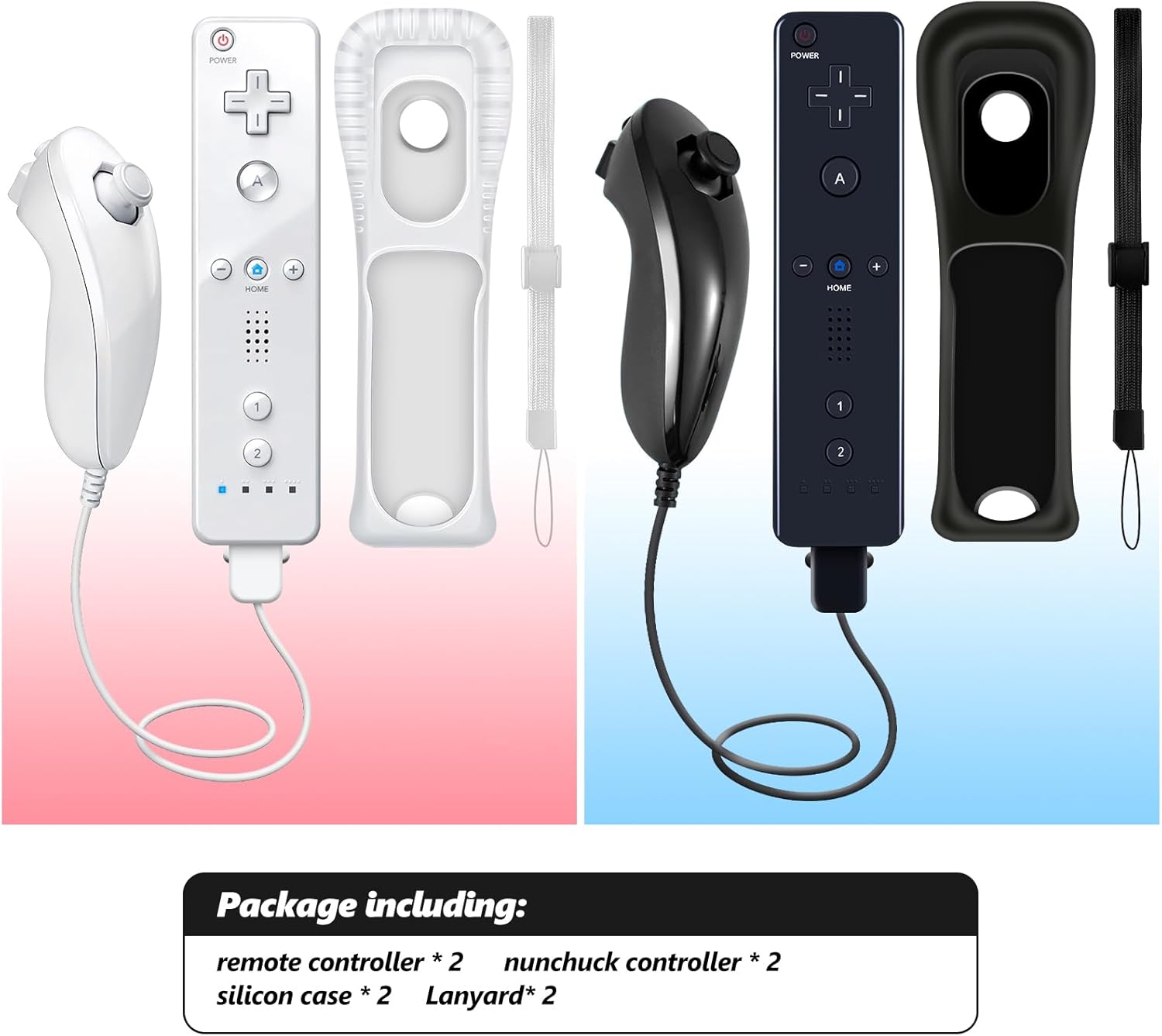 HZIME Replacement Remote Controller Compatible for Wii & Wii U, Built-in 2 in 1 Motion Plus with Silicon Case and Nunchuck (2 Pack White & Black)