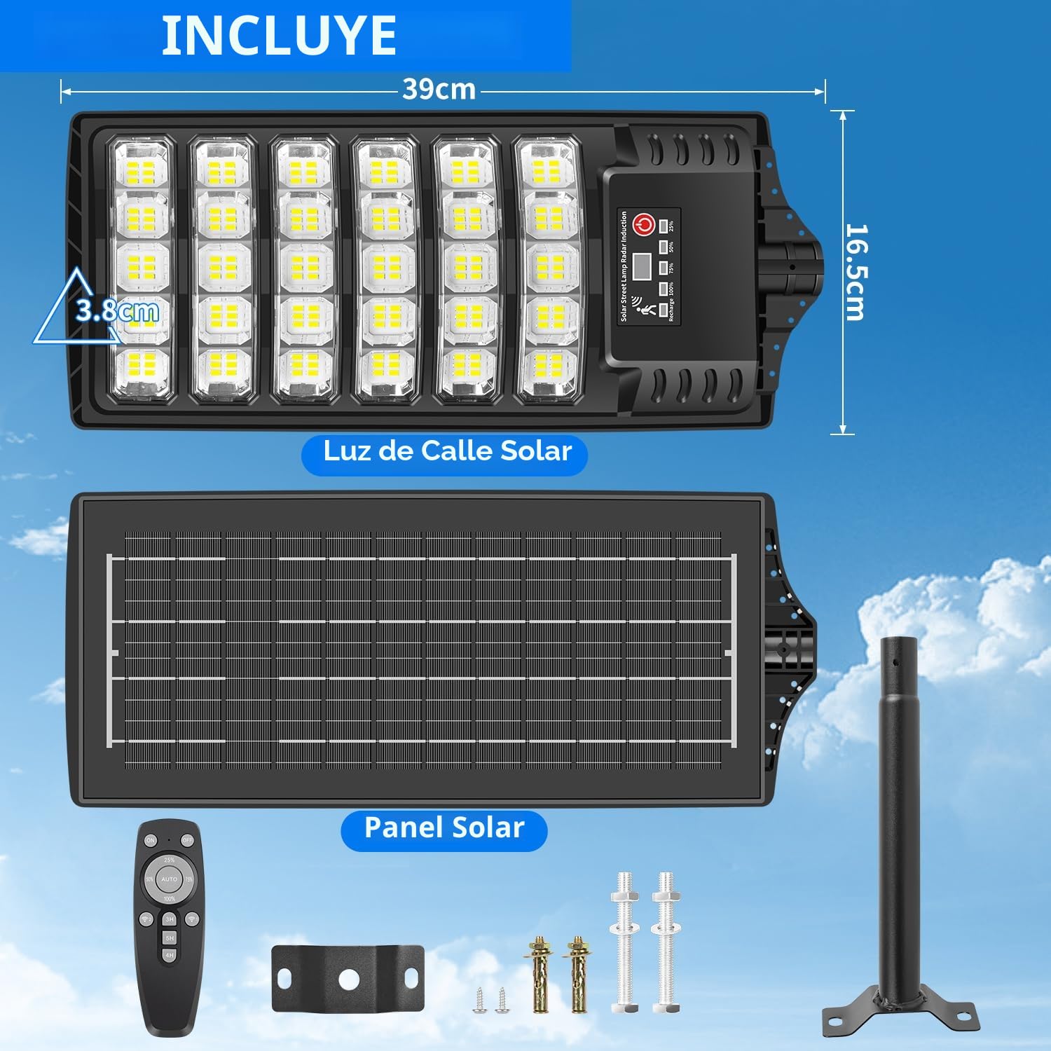 Farolas Solares Exterior, 6000K Farola Solar con Sensor de Movimiento, Control Remoto, IP67 Impermeable Luz Solar Exterior Jardín, Lampara Solar Foco LED Solar para Patio Garage, 2 Paquetes