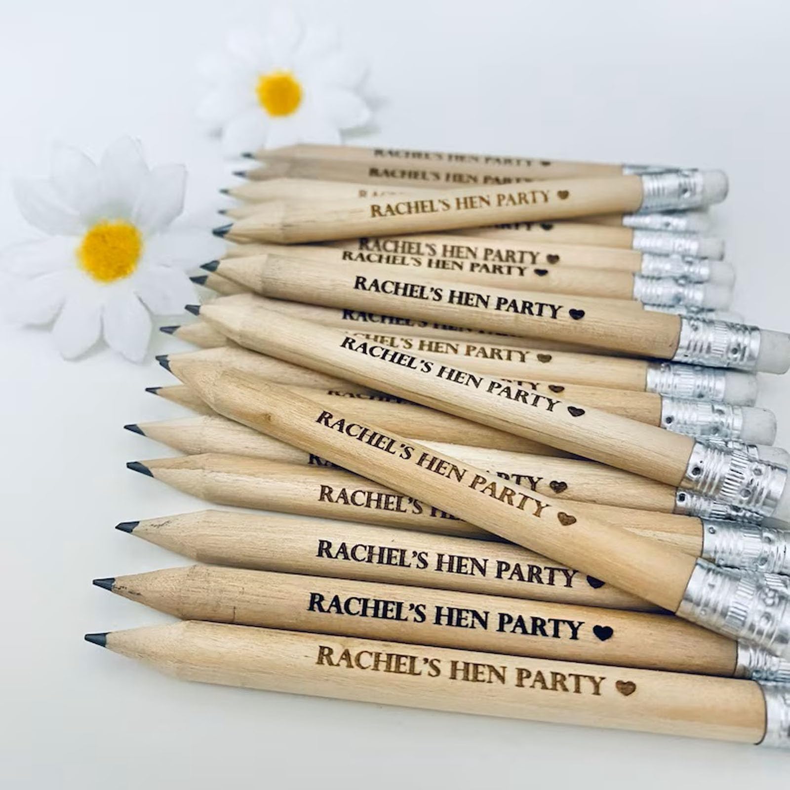 MXN Personalised Engraved Wooden Pencils with Rubber for School Decoration, Wedding Gift, Baby Shower, 10cm (200p)