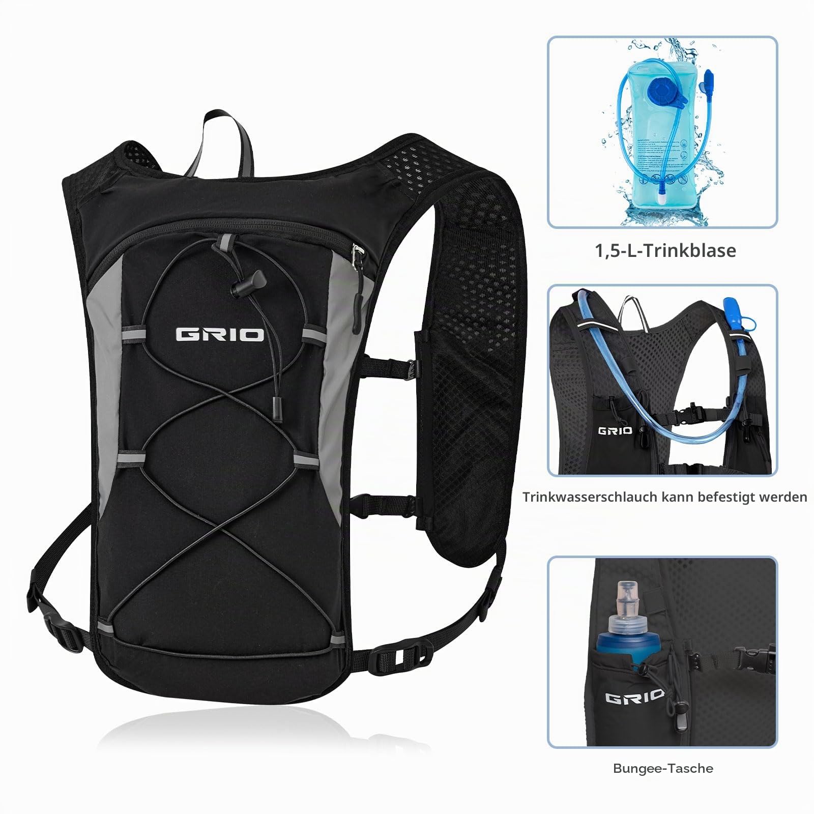 GRIO Laufweste Damen Herren mit 1,5L Trinkblase, Ultraleicht Verstellbar Reflektierend, Running Vest Trinkweste Laufen mit Handyfach, Laufrucksack Trinkrucksack für Wandern