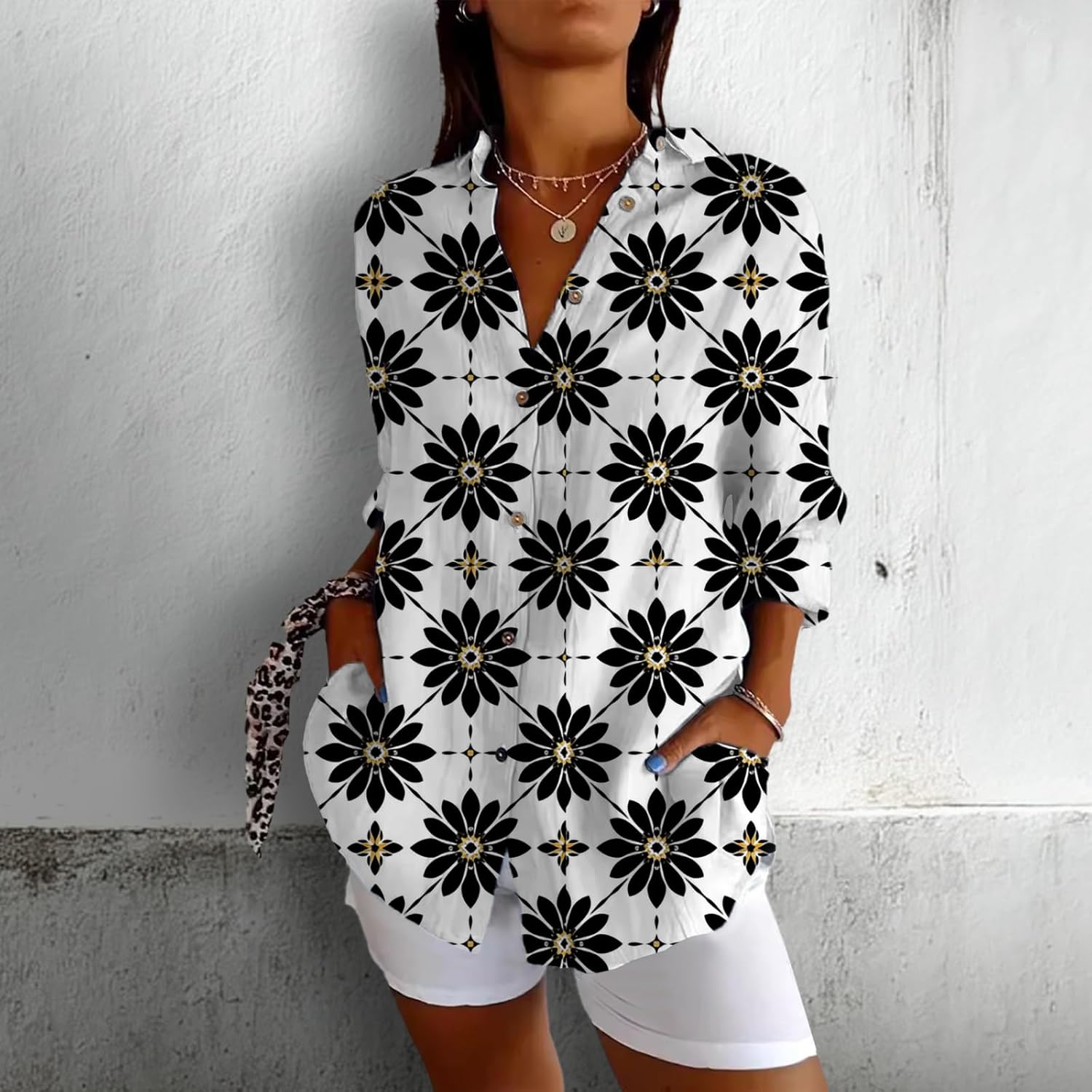 Summer Shirts for Women Flowy Button Down V Neck Casual Baggy Floral Printed Long Sleeve Ladies Daily Beach T Shirt - Image 2