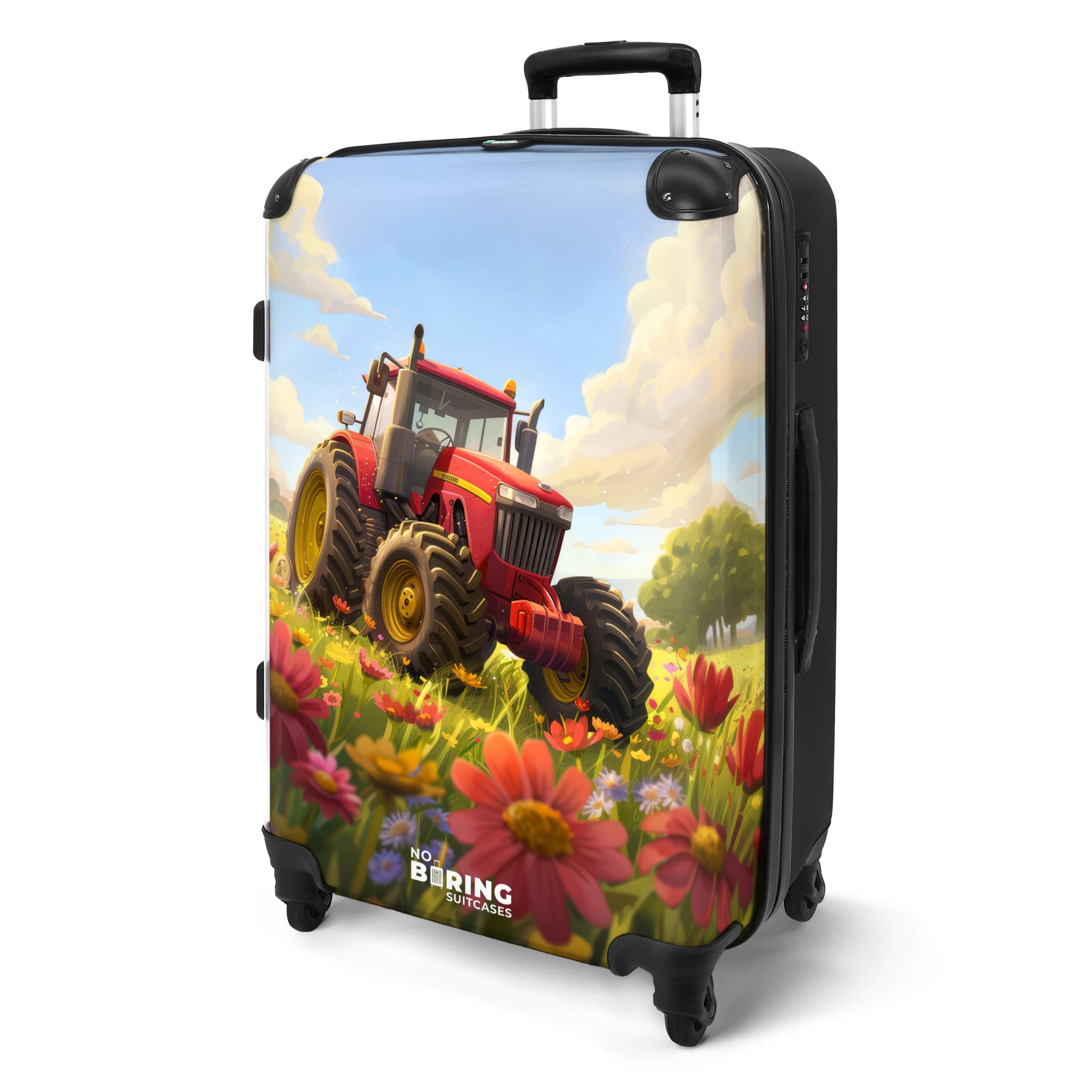 NoBoringSuitcases.com® Koffer Kinder Groß 67x43x25 cm Reisekoffer Kinderkoffer mit 4 Rollen Leicht Trolley Große M Hartschalenkoffer Flugzeug Traktor - Blumenfeld - Sonnenlicht