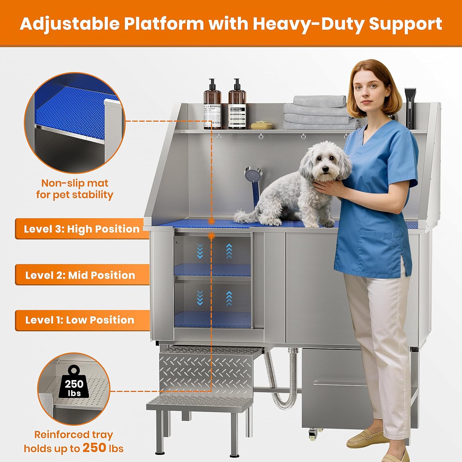 LOVMOR 50" Dog Washing Station, 304 Stainless Steel Pet Grooming Tub with Faucet, Sprayer, Adjustable Height Platform, Entry Step, Storage Shelf & Bin for Large Dogs