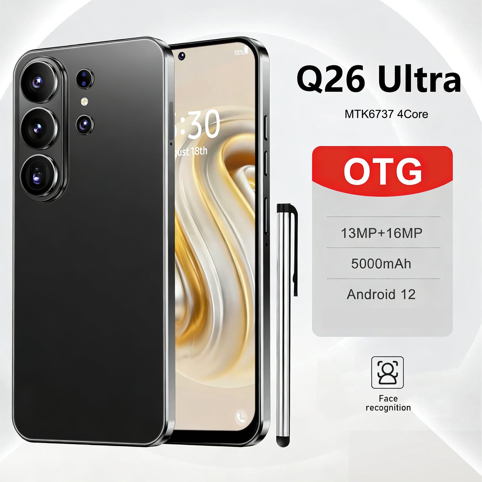 Smartphone 4G Écran HD+ 6.6" Incell 4GB RAM 32GB ROM Batterie 5000mAh Android 12 Double Nano SIM Caméra 16MP+13MP Déverrouillage Facial OTG Army Green