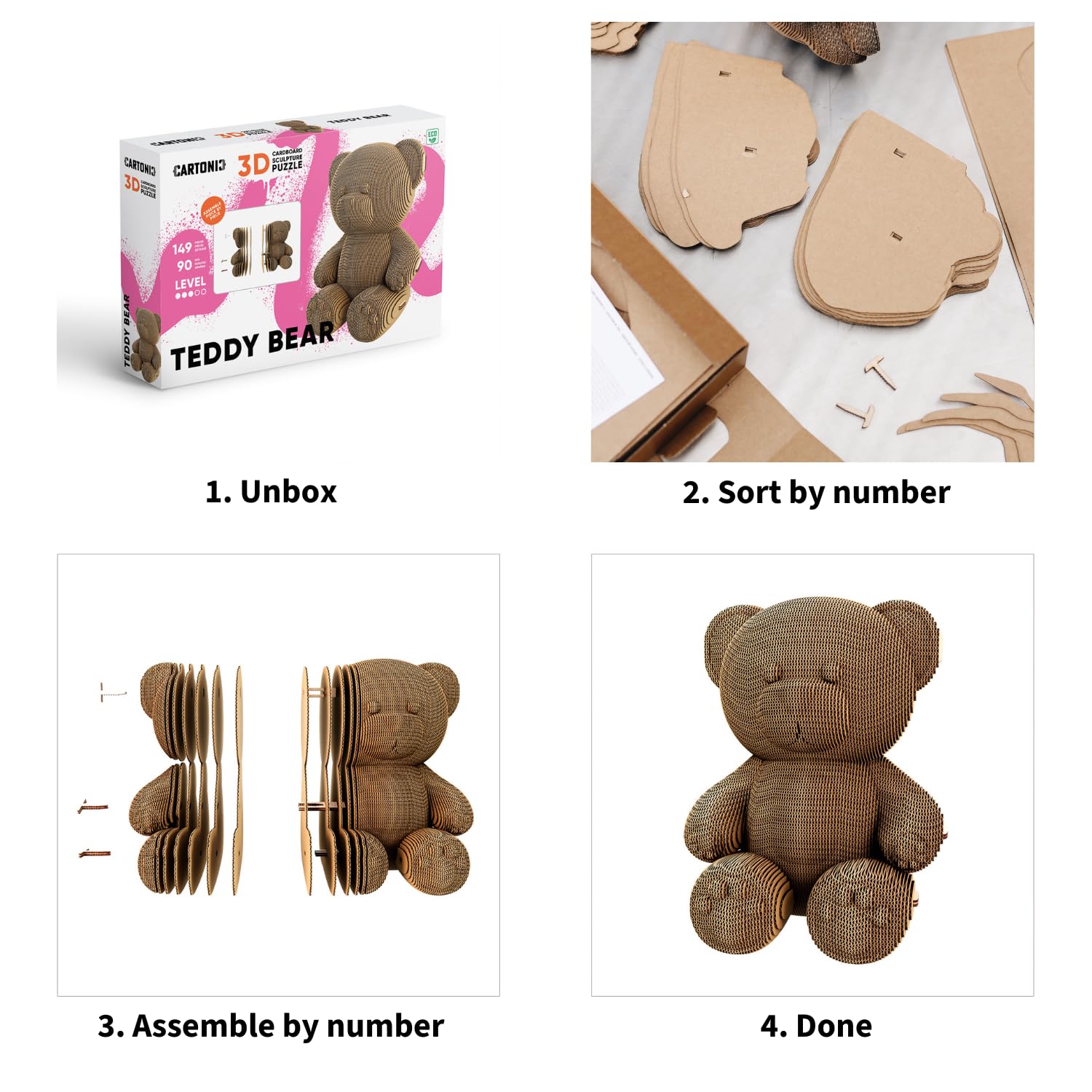 CARTONIC Teddybär 3D-Puzzle aus Karton – Skulptur-Bausatz