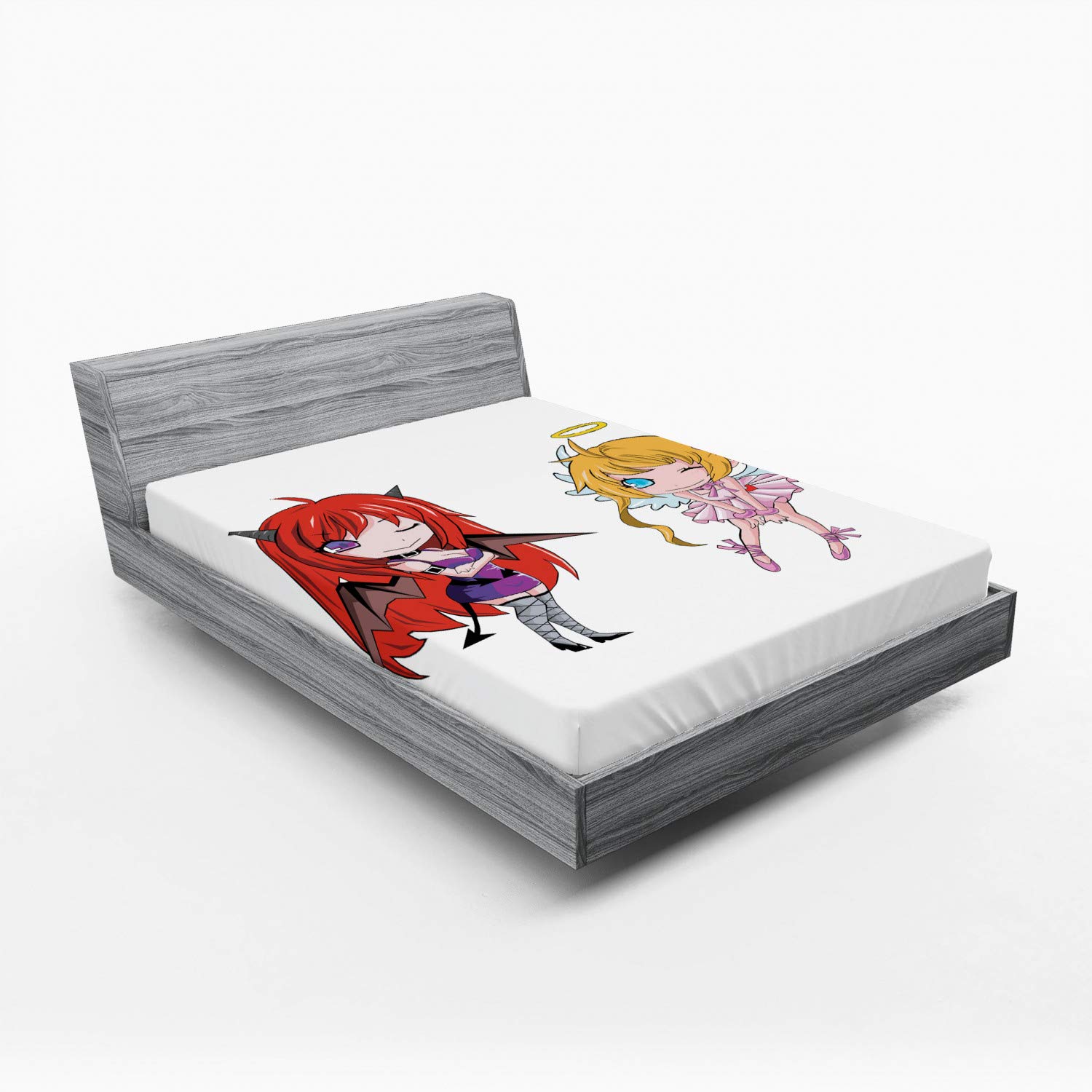 Ambesonne Anime Fitted Sheet, Angel Wings and Demon Girl Horns Comic Japanese Manga Art Print, Soft Decorative Fabric Bedding All-Round Elastic Pocket, Queen Size, Red Yellow