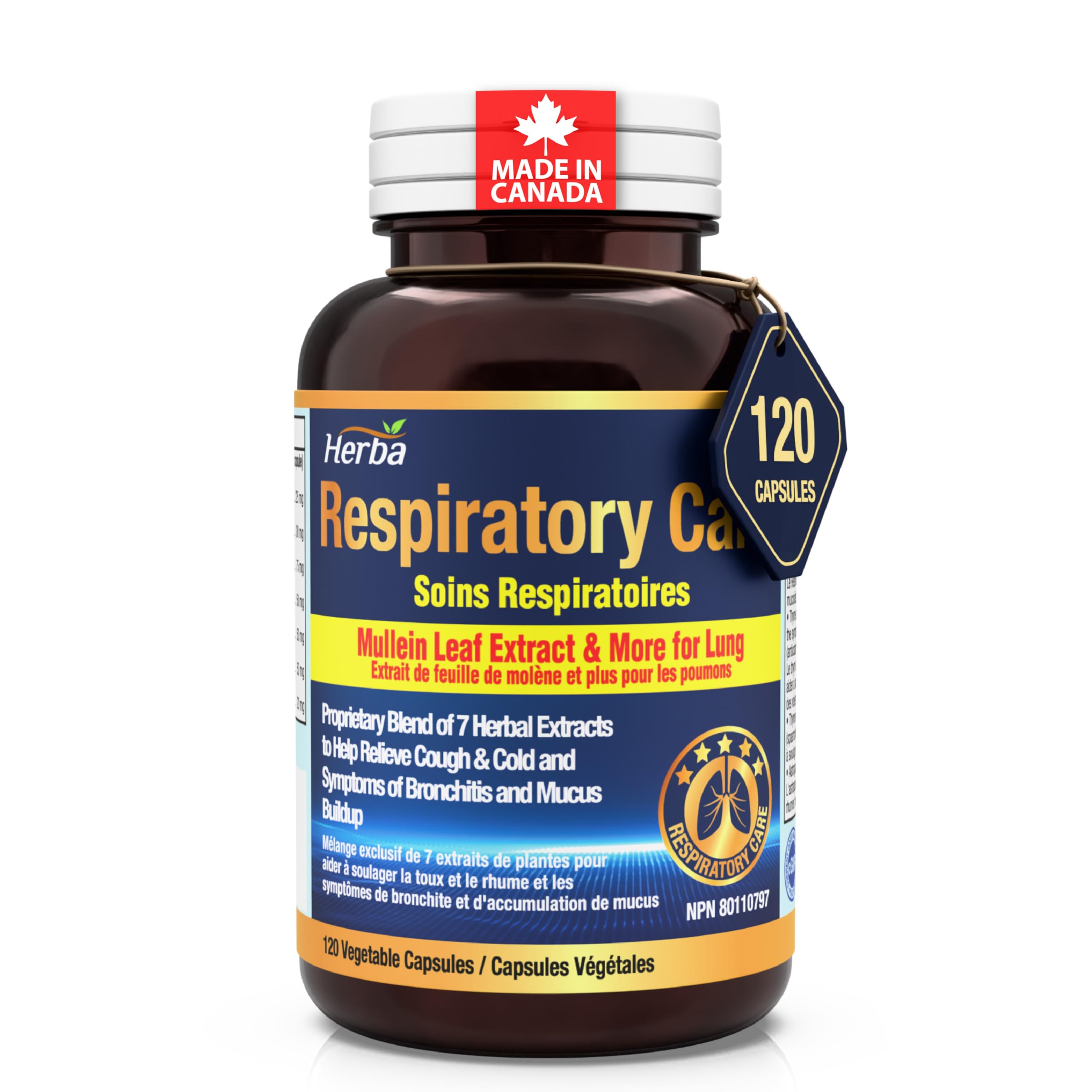 Herba Lung Supplement with Mullein Leaf Extract for Lung Cleanse and Detox – 120 Capsules | Mucus and Phlegm Relief | Made in Canada | Respiratory Care