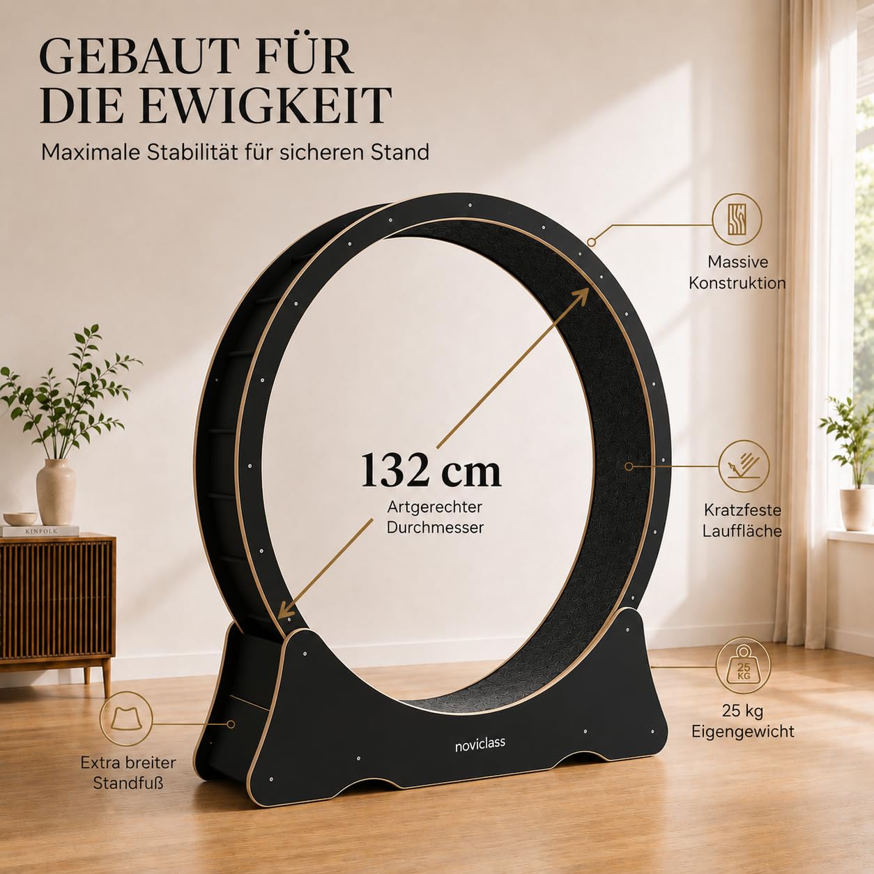 Katzenlaufrad Baghira Groß XXL | 132 cm Durchmesser für alle Katzen | Inklusive Anti-Vibrationsmatte | Kurzfloriger Teppich in 2 Farben zur Auswahl (Schwarz mit grauem Teppich)