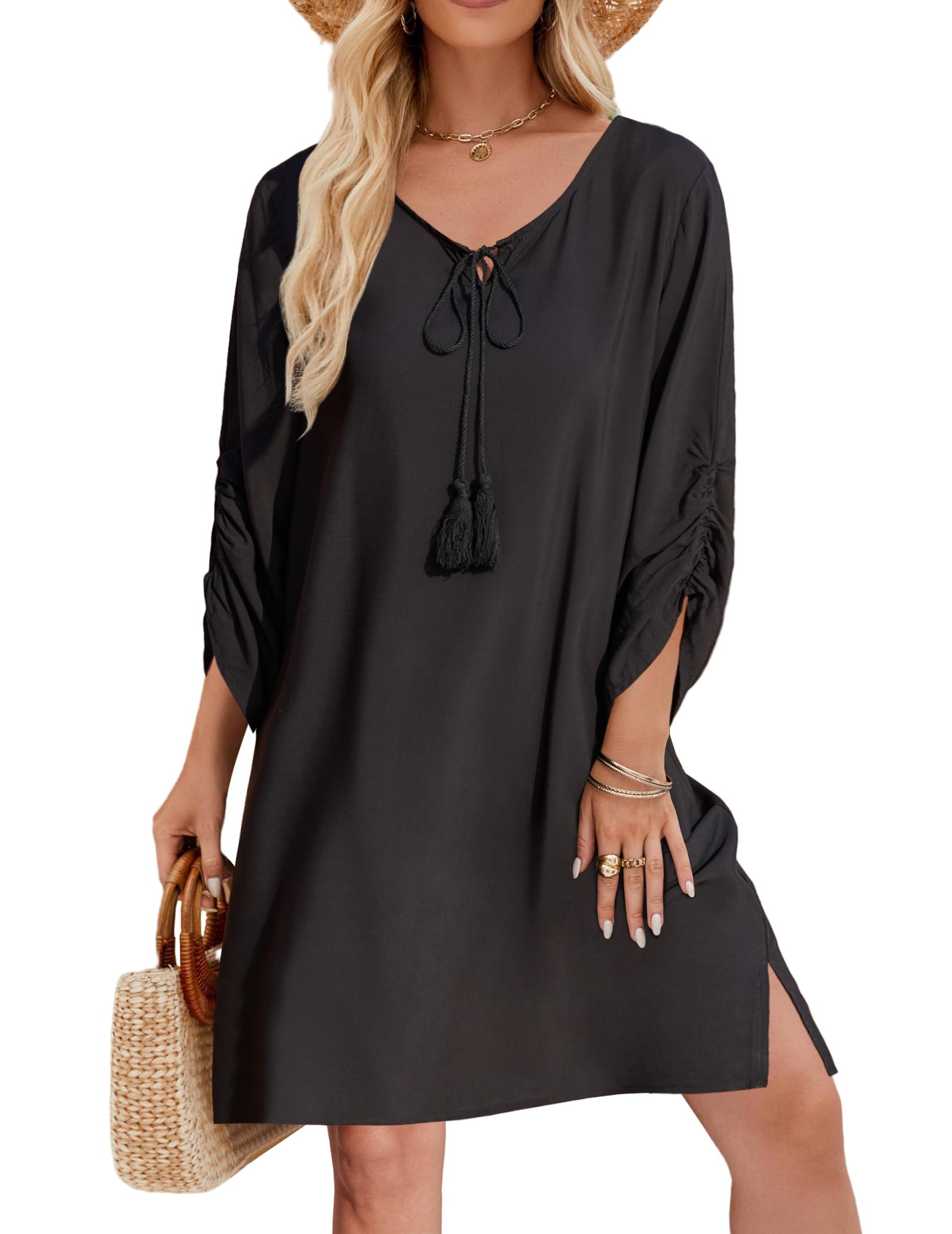 Zeagoo Abiti da donna Boho Casual Beach Summer Dress Nappa Tie Neck 3/4 Manica Lunga Mini Sundress 2025 Stampa Floreale Cover Up