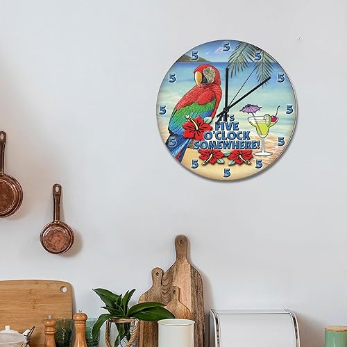 Miniatura 6 de ArogGeld Reloj de pared pintado de 5 en algún lugar, reloj de pared de madera de loro de playa, funciona con pilas, 15 pulgadas, silencioso, sin