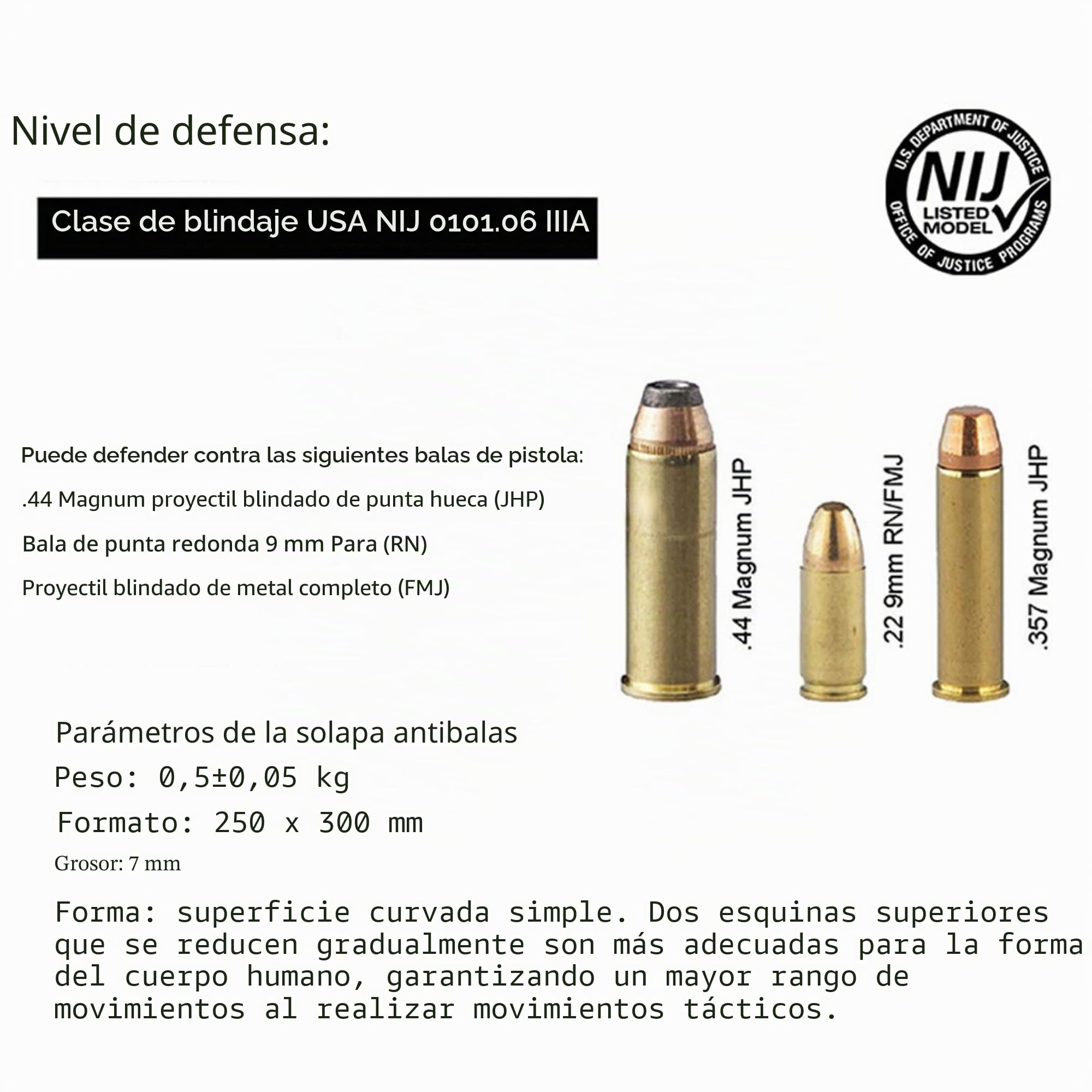 Placa de Chaleco antibalas - NIJ IIIA Nivel PE Placa Protectora de Espalda y Pecho Placa de inserción Independiente para protección de Seguridad Personal