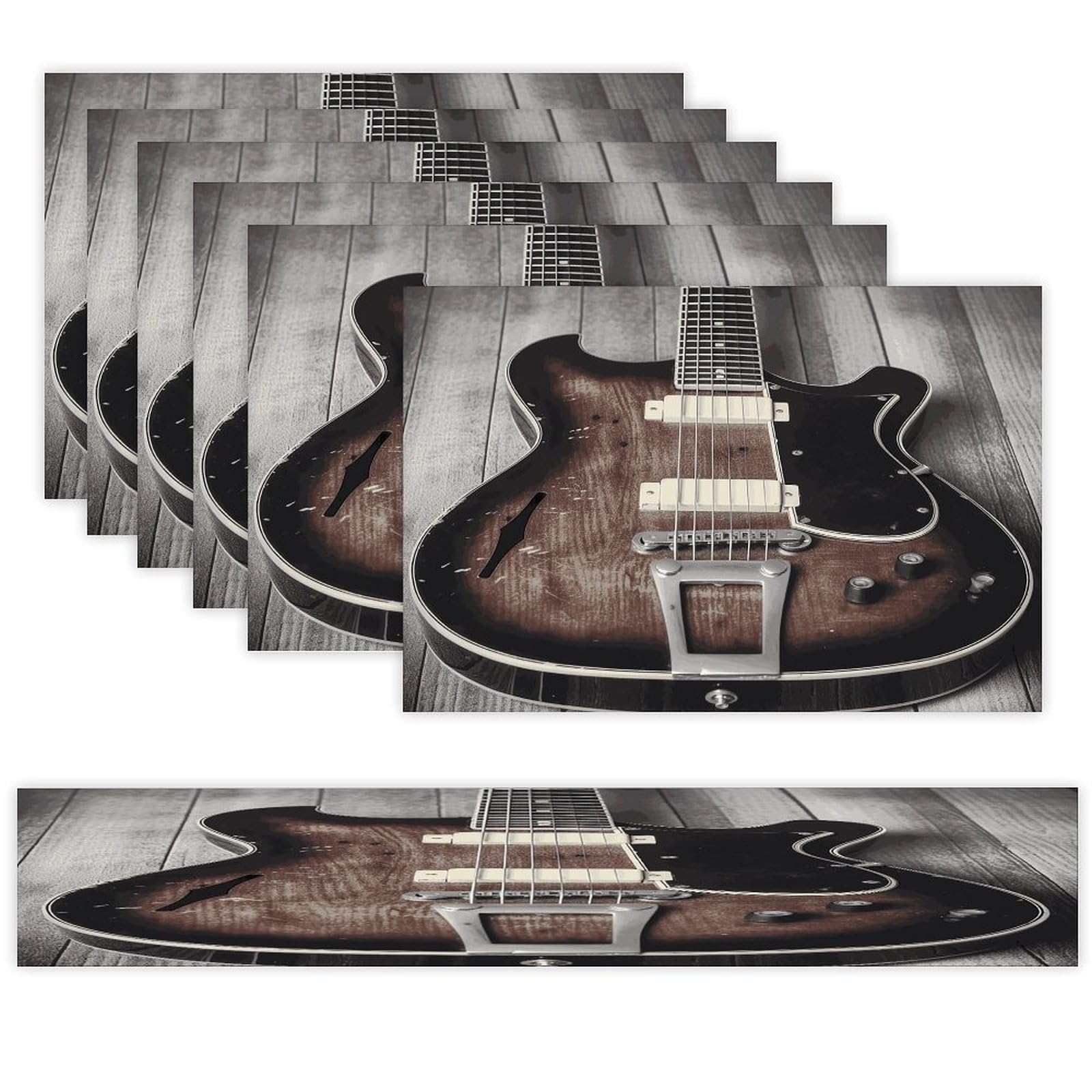 Vintage Guitar Table Runner and Placemats of 6 Washable Heat Resistant Place Mats with Table Runner Vintage Holiday Table Mat Set for Holiday Party Kitchen Dining Deco