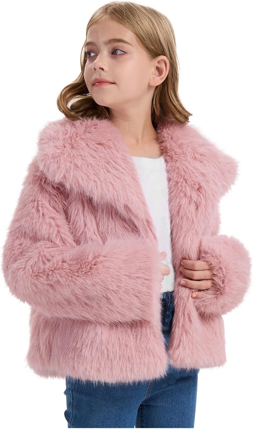 COZYPOIN Girls Faux Fur Coat Kids Fluffy Fur Jacket Cropped Long Sleeve Lapel Open Front Winter Fuzzy Outerwear Pockets 5-14Y - Image 3