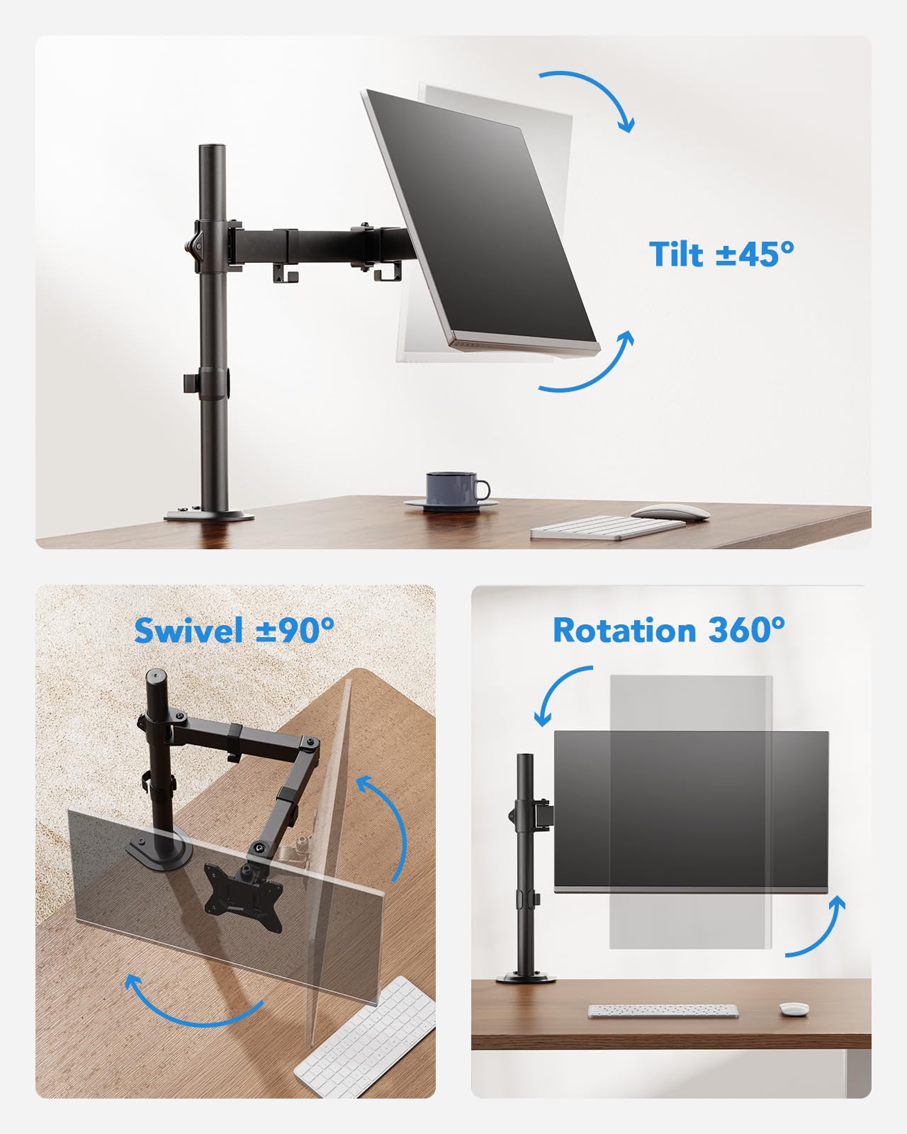 HUANUO Soporte de monitor individual, brazo de monitor para monitores de 13 a 32 pulgadas de hasta 17.6 libras, soporte de monitor ajustable con altura máxima de 16 pulgadas, soporte de escritorio con