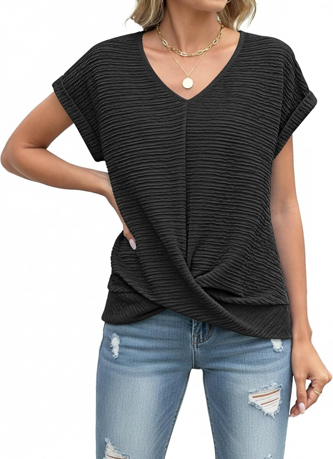 ETCYY NEW Summer Tops for Women Front Twist T Shirts V-neckline Tunic Top Dressy Casual Blouse Tees - Image 2
