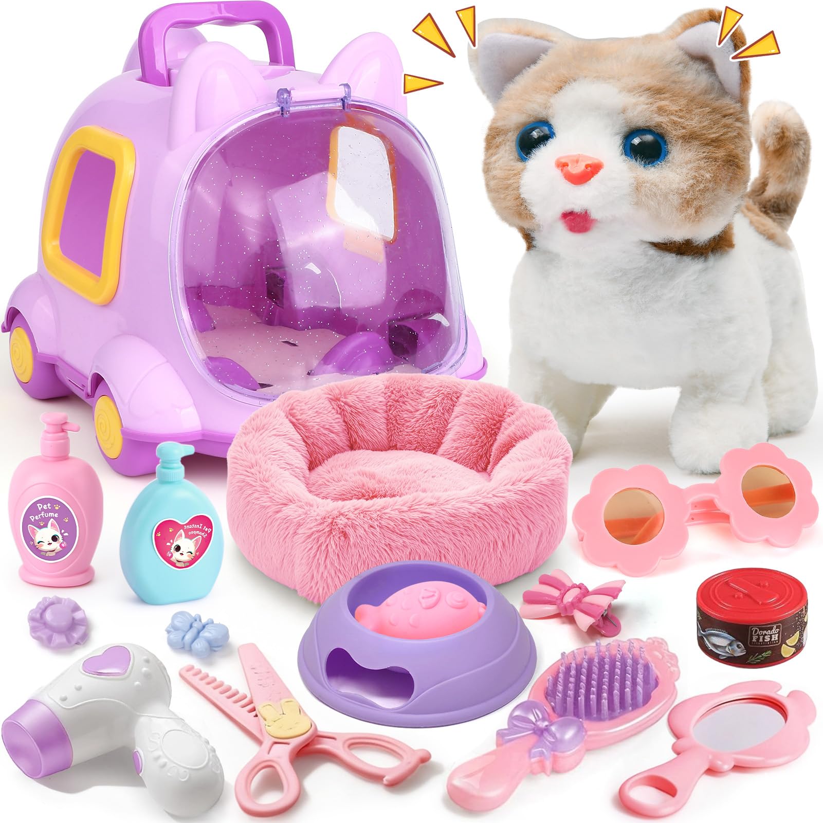Walking Cat Toys for Kids, Interactive Robot Cat Plush with Carrier Bed & Grooming Feeding Playset, Electronic Pet Kitten Meow Wagging Tail, Pretend Play Toys Gifts for 3 4 5 6 7 8 Years Old Girls