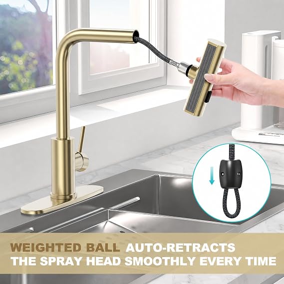 AVSIILE Brushed Gold Single Hole Kitchen Faucets with Pull Down Sprayer, Single Handle, High Flow Water, Pull Out Tap, Stainless Steel Sink Faucet, Suitable for Farmhouse Camper Laundry Rv Bar