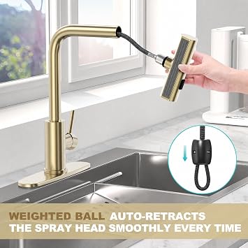 AVSIILE Brushed Gold Single Hole Kitchen Faucets with Pull Down Sprayer, Single Handle, High Flow Water, Pull Out Tap, Stainless Steel Sink Faucet, Suitable for Farmhouse Camper Laundry Rv Bar