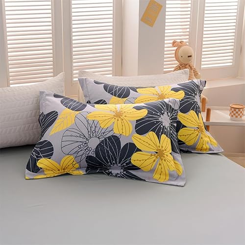 Miniatura 6 de Holawakaka Juego de edredón floral Queen de 6 piezas, cama en una bolsa, flores amarillas impresas en gris, juego de ropa de cama botánica de