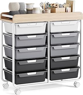 Rolling Storage Cart with 10 Large Drawers, Utility Cart with Wooden TableTop for Craft Organizers, Art Supply Storage, Home Office Organization, Cart with Wheels for Classroom, School (Grey)