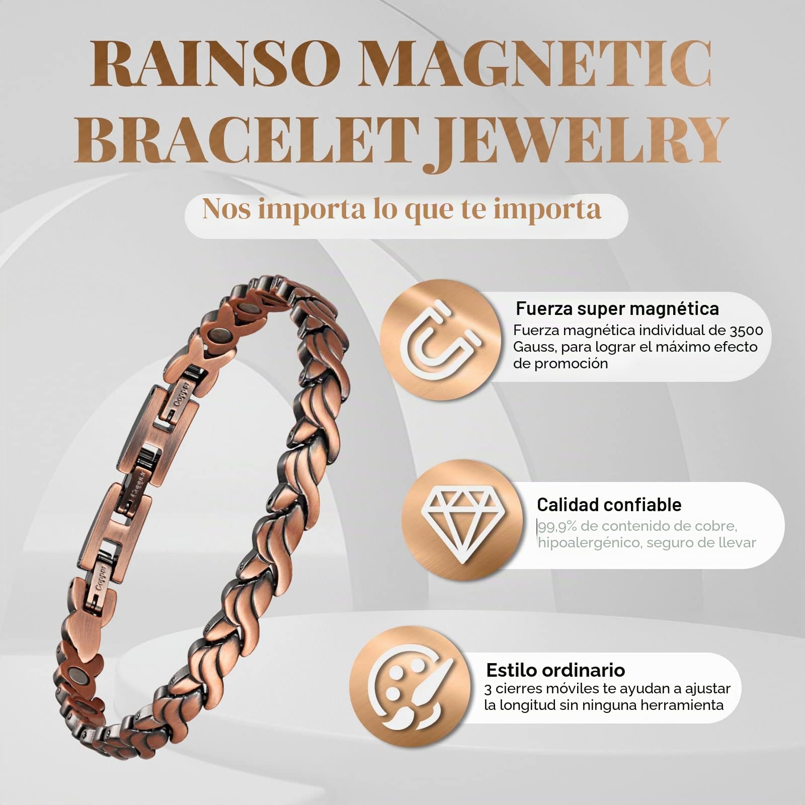 RainSo Pulseras magnéticas de cobre puro para terapia de artritis con 3 hebillas ajustables