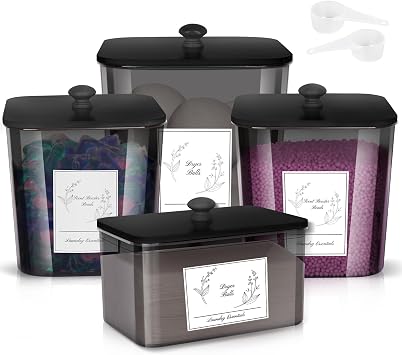 Zingbee 4 Pack Laundry Detergent Containers & Dryer Sheet Holder with Black Lids, Scoops & Labels - Plastic Laundry Organizer and Storage Jars for Pods, Detergent, Scent Booster
