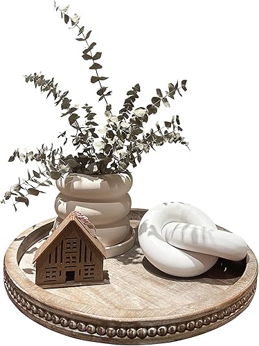 Miniatura 5 de Bandeja decorativa grande y redonda de madera, bandeja de cuentas marrones para mesa de café, bandejas de madera rústica, decoración de encimera de