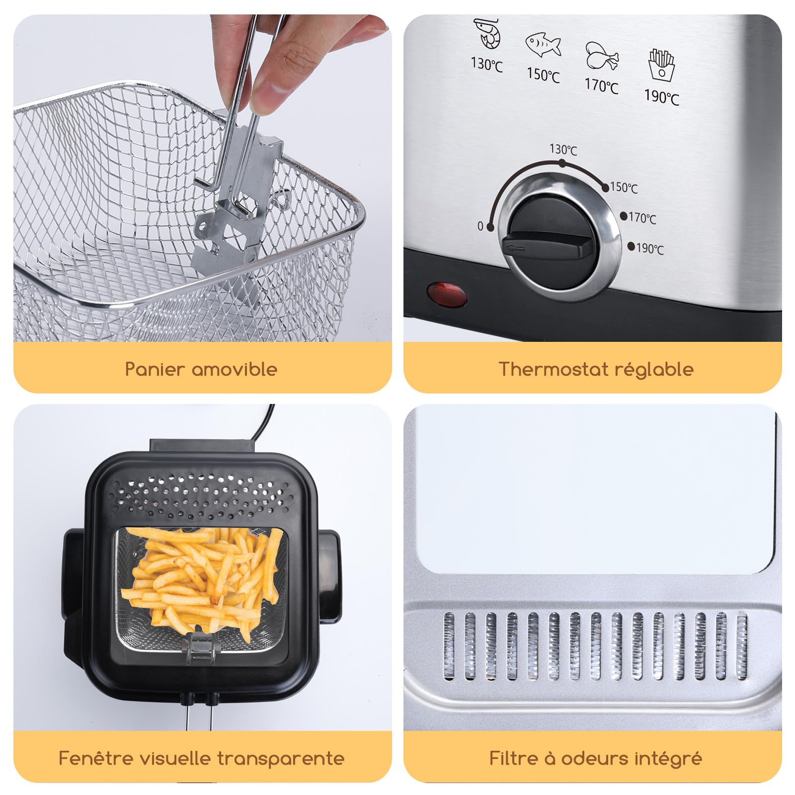 Aigostar Mini Friteuse Électrique 1,5 L | Marmite en Acier Inoxydable 1000W avec Thermostat Réglable 130-190°C