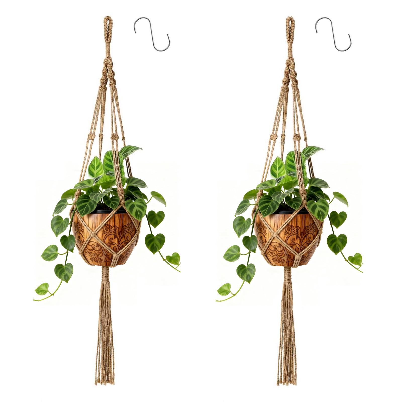 Apstaqeoo Hanging Planters Baskets Jute Rope Macrame Plant Hanger Indoor Decorative Wall Hanging Flower Pot Holder with Hook Decorative Ceiling Plant Hanger for Outdoor Garden Home Decor, 105CM, 2PCS