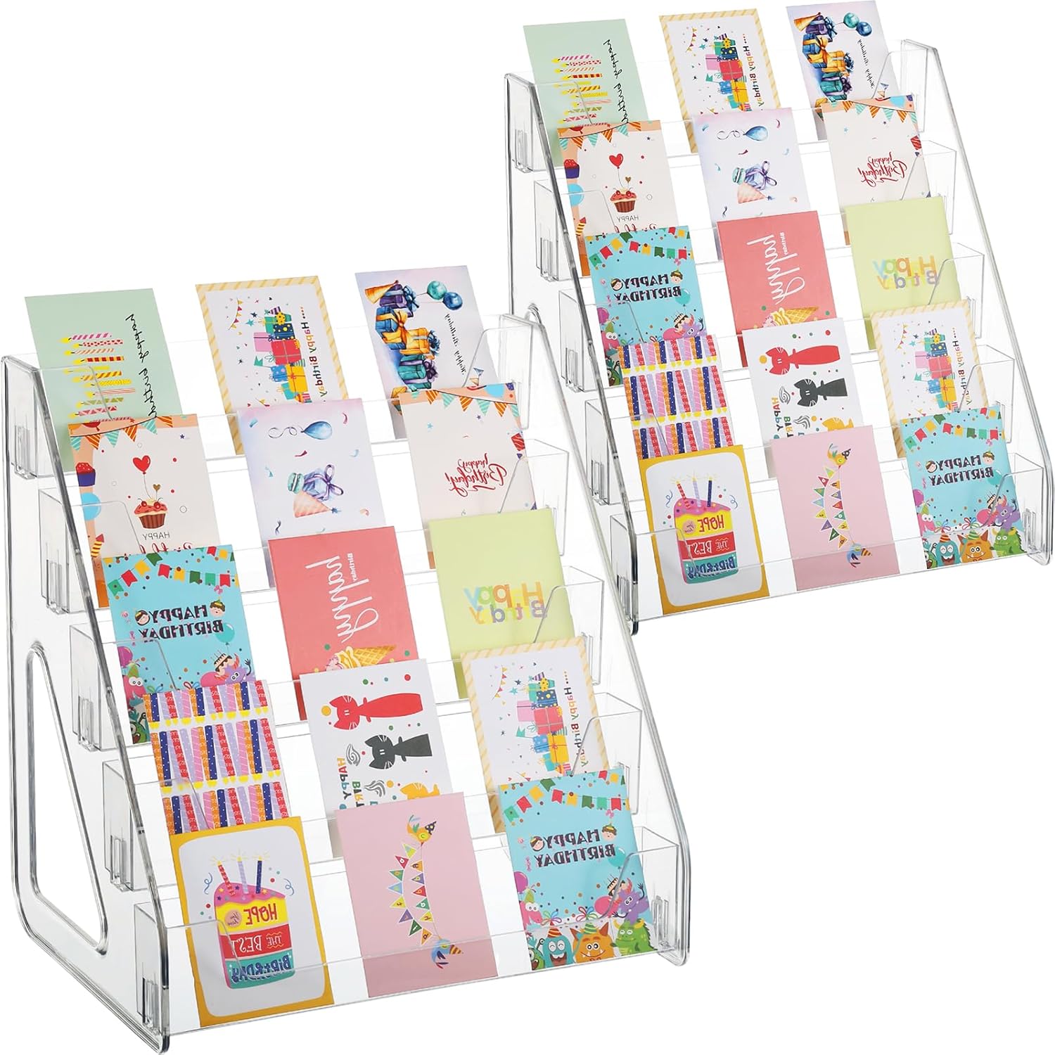 2 Pack 5-Tier Acrylic Card Display Stand (Taller) Clear Display Shelf Desktop for Trading Cards, Sports Cards, Greeting Card, Stickers & Brochures, Easy Clip-On Design