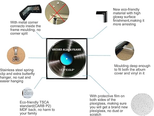Miniatura 2 de Marco de álbum de grabación, paquete de 6, marco brillante de 12.5 x 12.5 pulgadas de alto, hecho para mostrar portadas de álbumes de vinilo LP, se