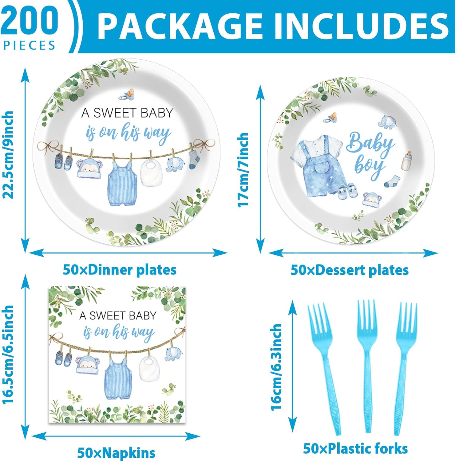 200Pcs Greenery Baby Shower Plates and Napkins Decoration Watercolor Blue Party Tableware Dinnerware Set A Sweet Boy Is On His Way Paper Plates for Baby Boy Gender Reveal Party Supplies Serve 50 - Image 2
