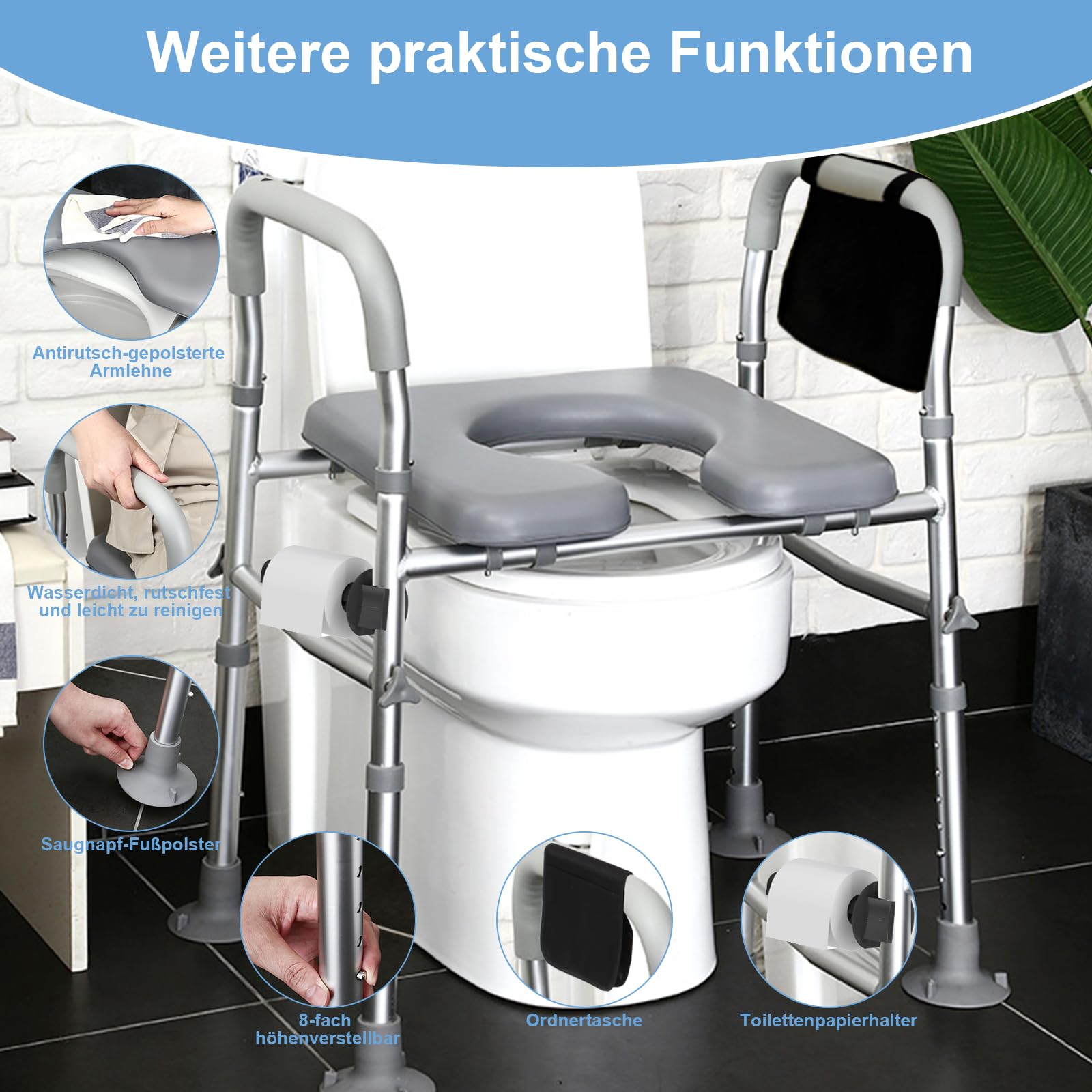 Asiento elevado para inodoro con asas, altura regulable en 8 posiciones, 68 – 85 cm, con soporte para pañuelos, bolsa de almacenamiento de 150 kg para cualquier inodoro, personas mayores