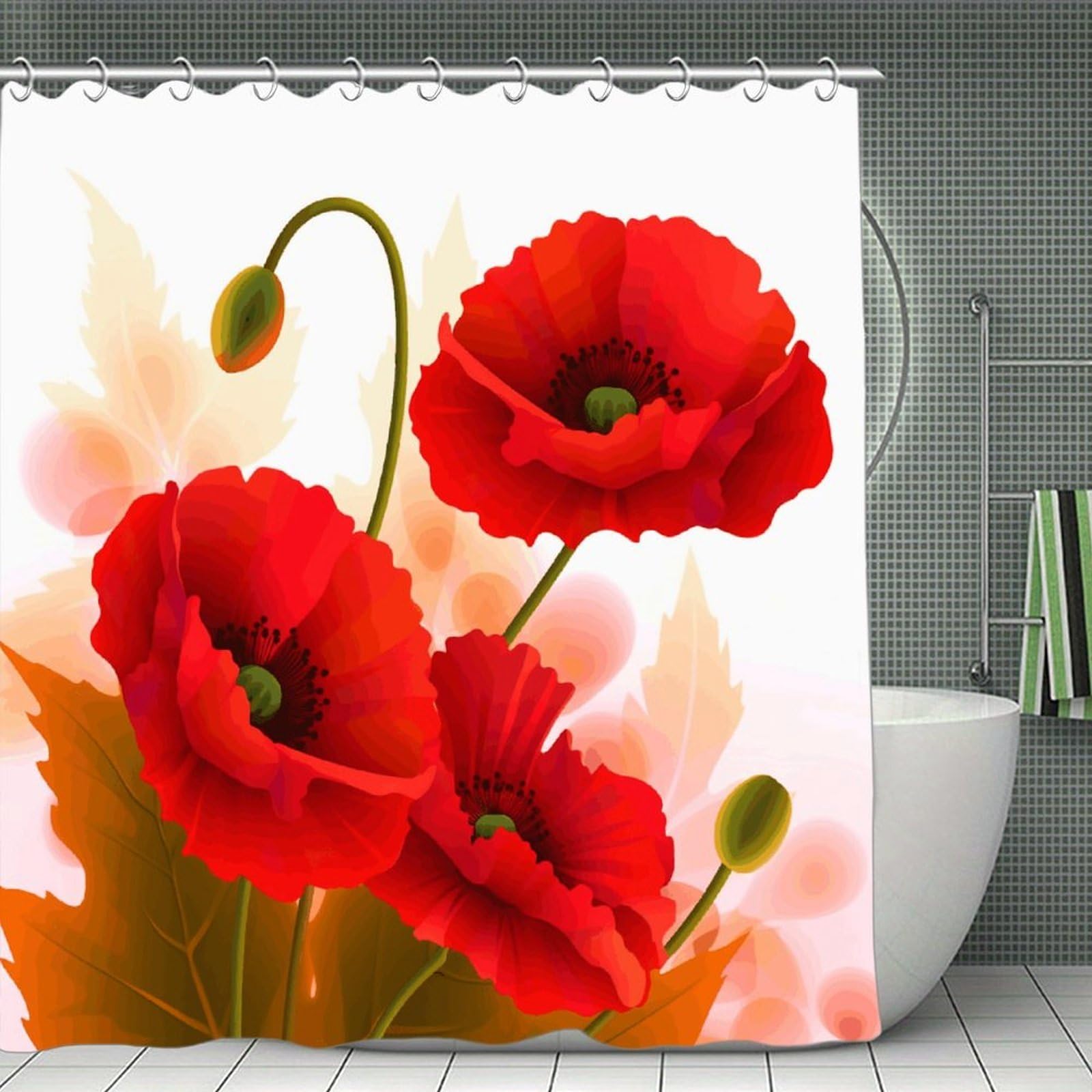VstaDank Poppy Flowers Vivid Petals Shower Curtain Waterproof Bathroom Curtain with Hooks Luxury Weighted Bath Curtains for Bathtubs Showers Room Dividers Decorative Shower Curtains 71x71 in