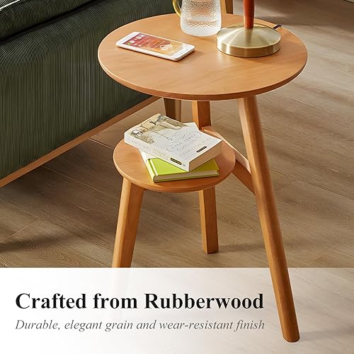 Miniatura 4 de Mesa auxiliar, mesas auxiliares redondas de 2 niveles para sala de estar, mesa auxiliar moderna de mediados de siglo, mesita de noche redonda, mesa