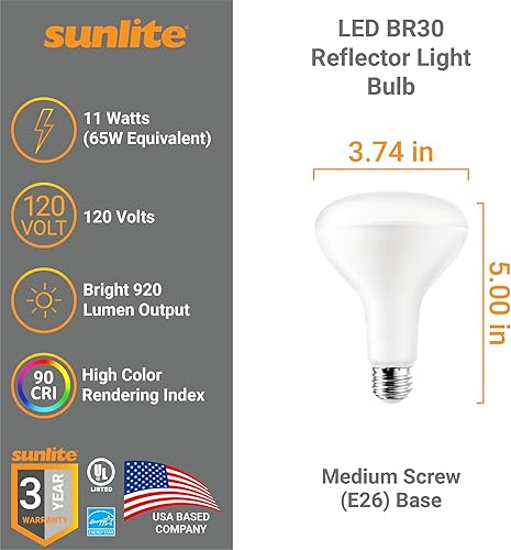 Miniatura 2 de Sunlite 41812 Bombilla LED BR30 reflectora, 11 vatios (65 W  ), 120 V, 920 lúmenes, 90 CRI, base E26 media, regulable, inundación ancha,