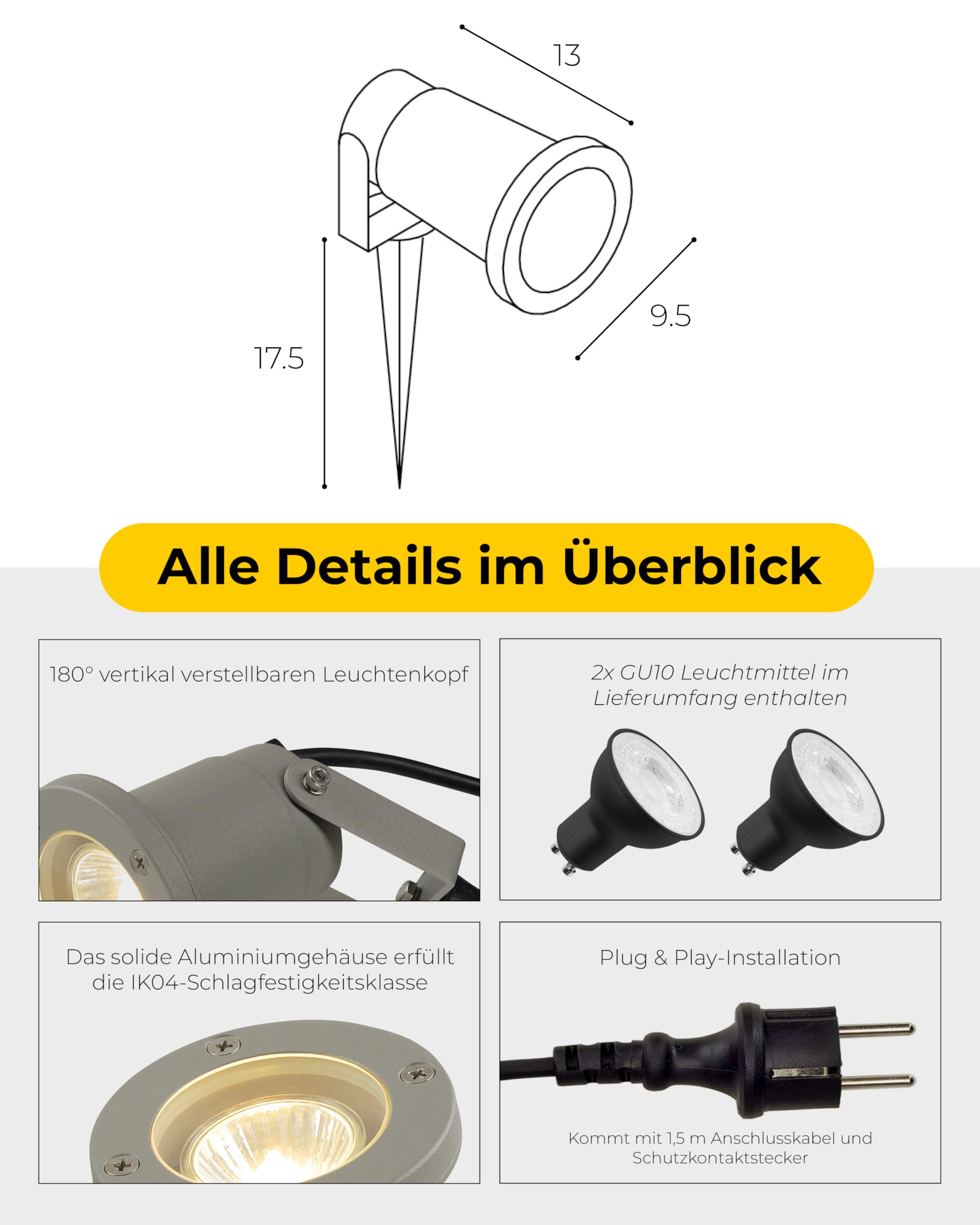 SLV NAUTILUS XL Erdspießleuchte – Außenleuchte für Garten, Terrasse, Wege & Teich | GU10, IP65, 11 W, mit Erdspieß & Stecker | 2er-Set | Grau