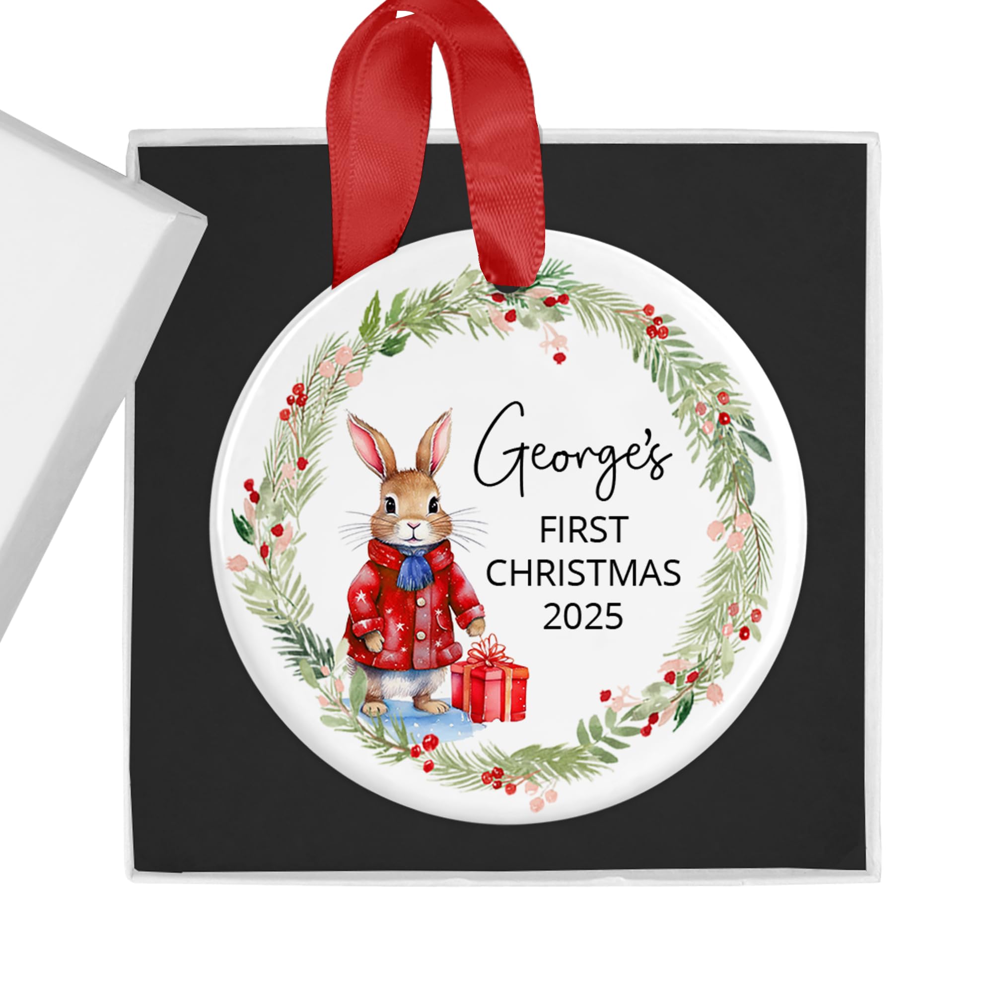 Personalised Baby's First Christmas Bauble Ornament with Gift Box - 1st Xmas Keepsake 2025 - Choice of Rabbit Colour - Ideal for New Baby Boy or Girl