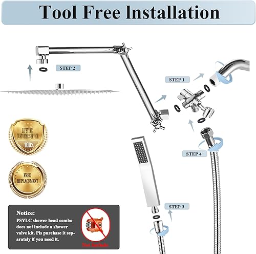 Miniatura 2 de Psylc Cabezal de ducha de lluvia de 10 pulgadas (todo metal) con rociador de mano, cabezal de ducha de lluvia de alta presión con combo de mano con