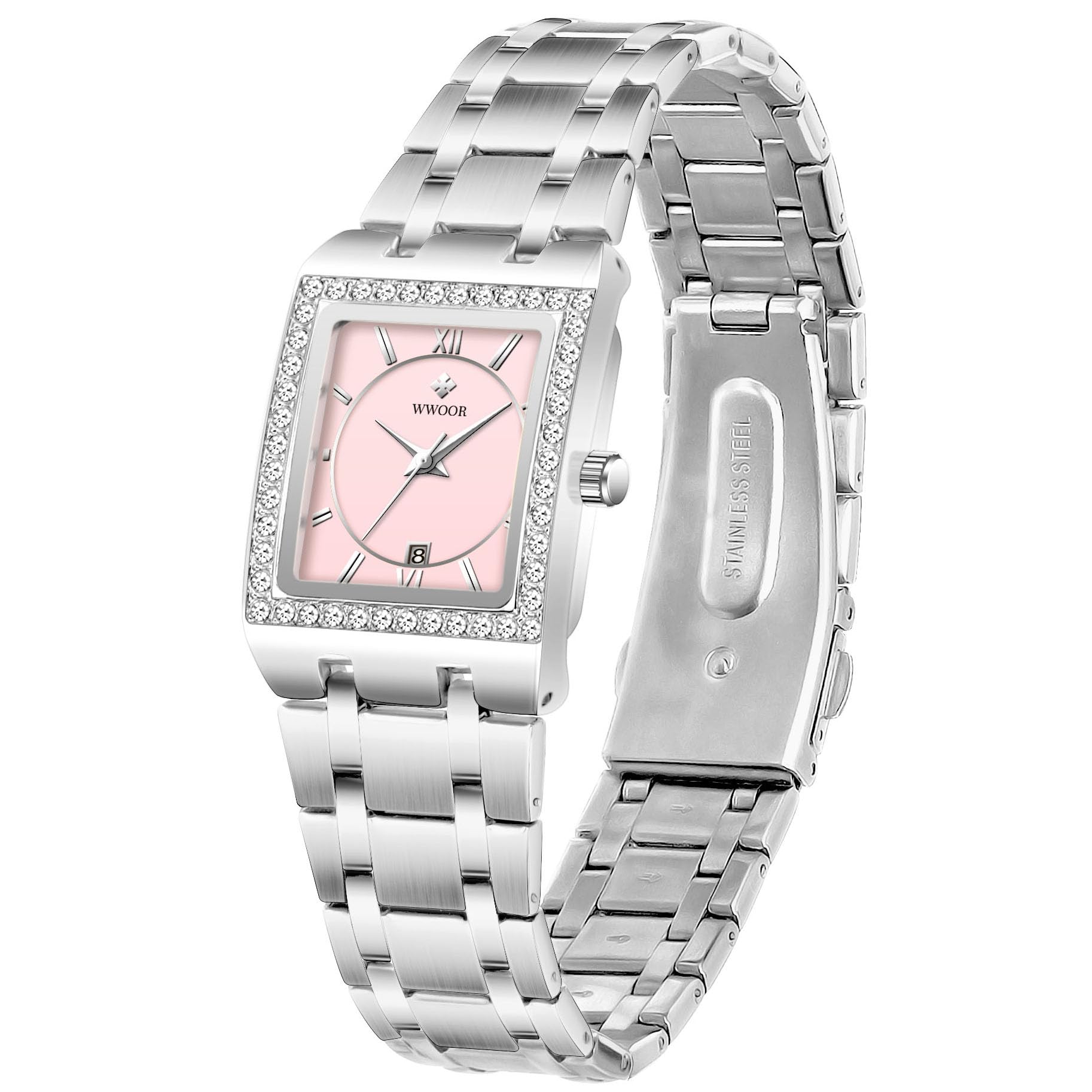 Women's Luxury Stainless Steel Bracelet Watches Ladies Diamonds Bezel Square Waterproof Calendar Analog Quartz Wrist Watch (Silver Pink)