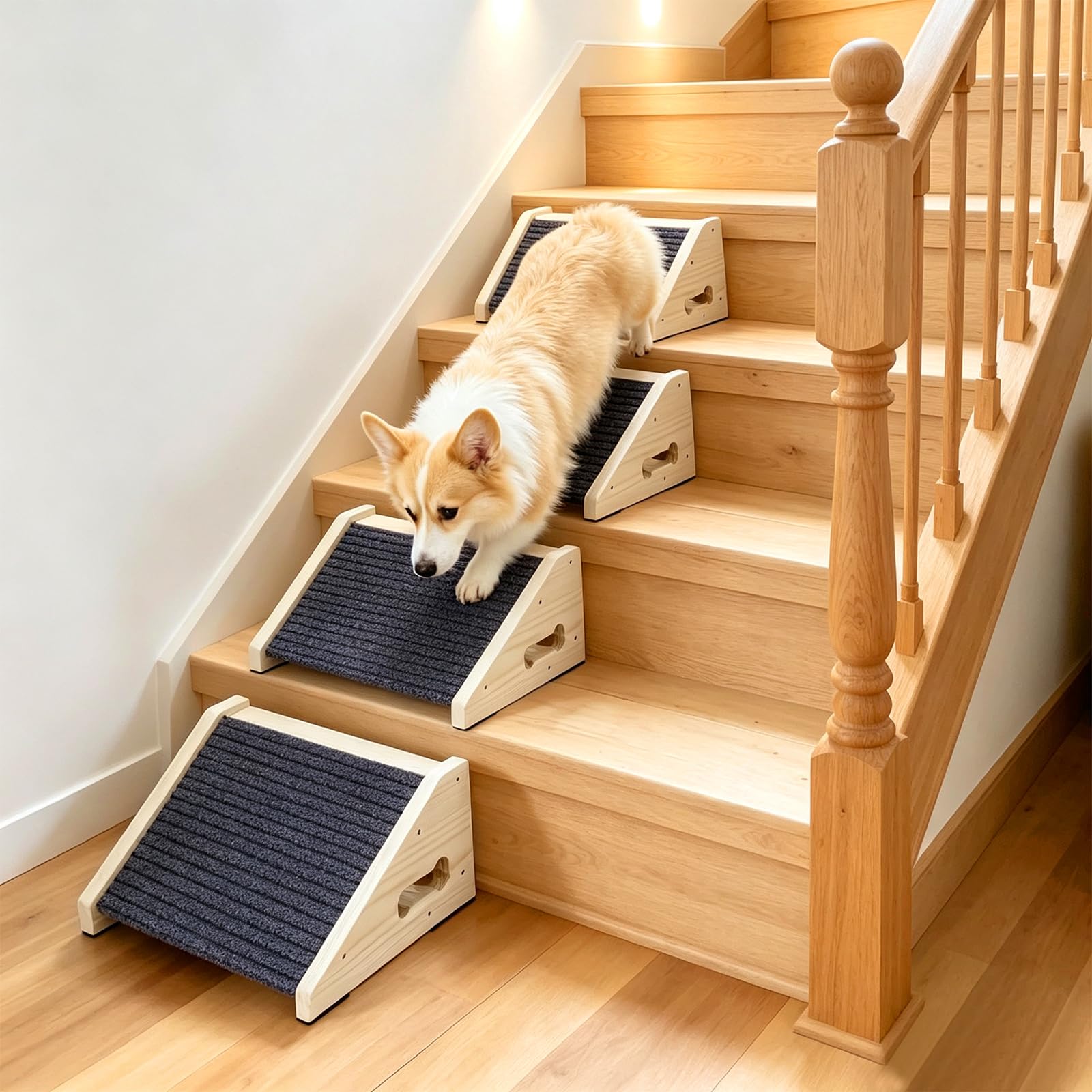 4er Hundetreppe für Kleine Hunde, Holz Hunderampe für Treppen 30 x 25 x 15 cm, rutschfeste Hunderampe mit Teppichoberfläche, Niedrigwinklige Haustierrampen, Stufen und Treppenhilfe