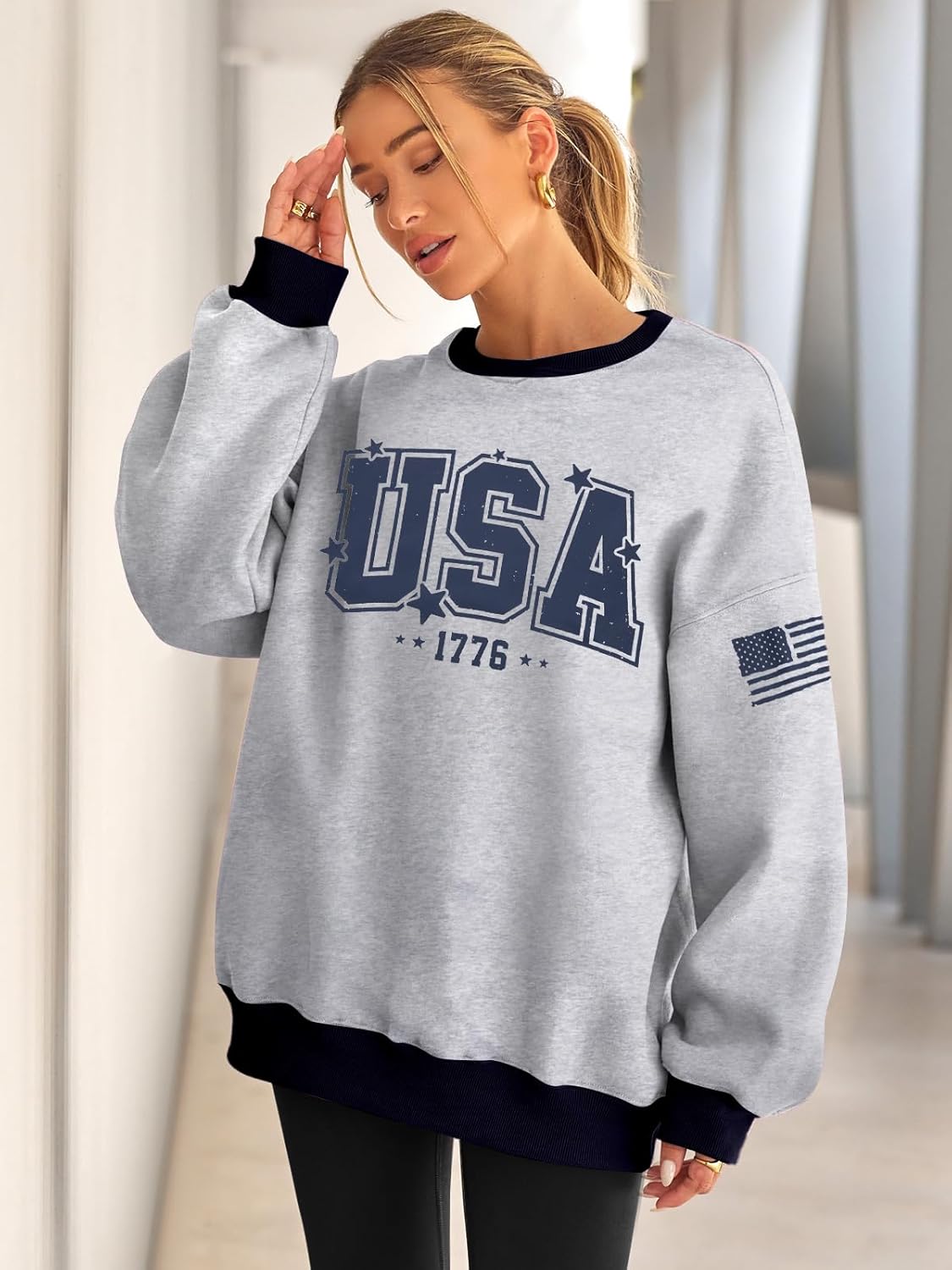 ASTANFY USA Letter Sweatshirt Womens Casual Long Sleeve Graphic Shirts American Team Flag CrewNeck Pullover Tops - Image 6
