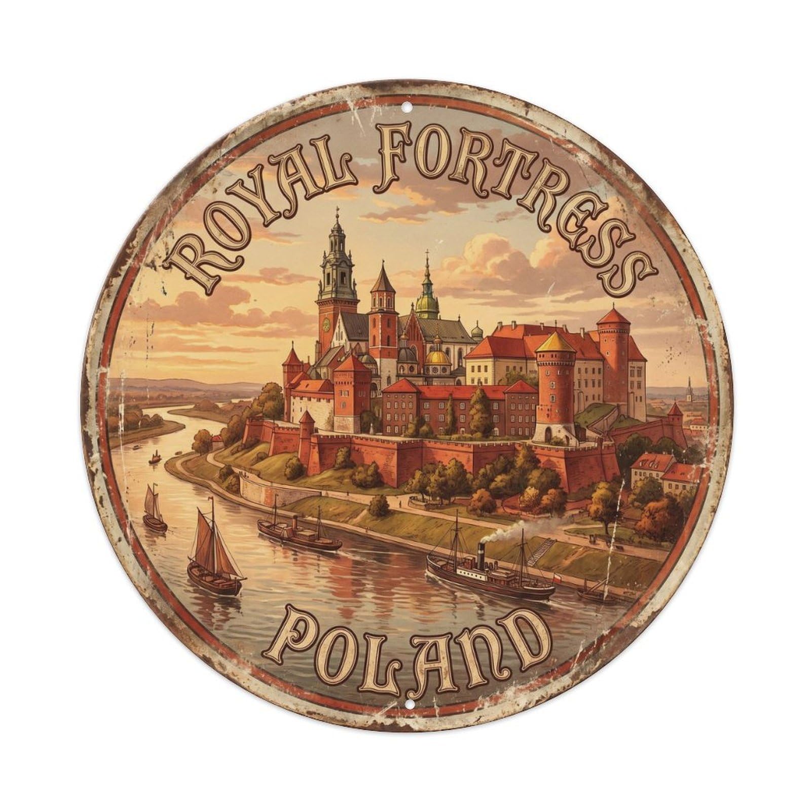 Vintage Travel Royal Fortress Poland Metal Tin Sign