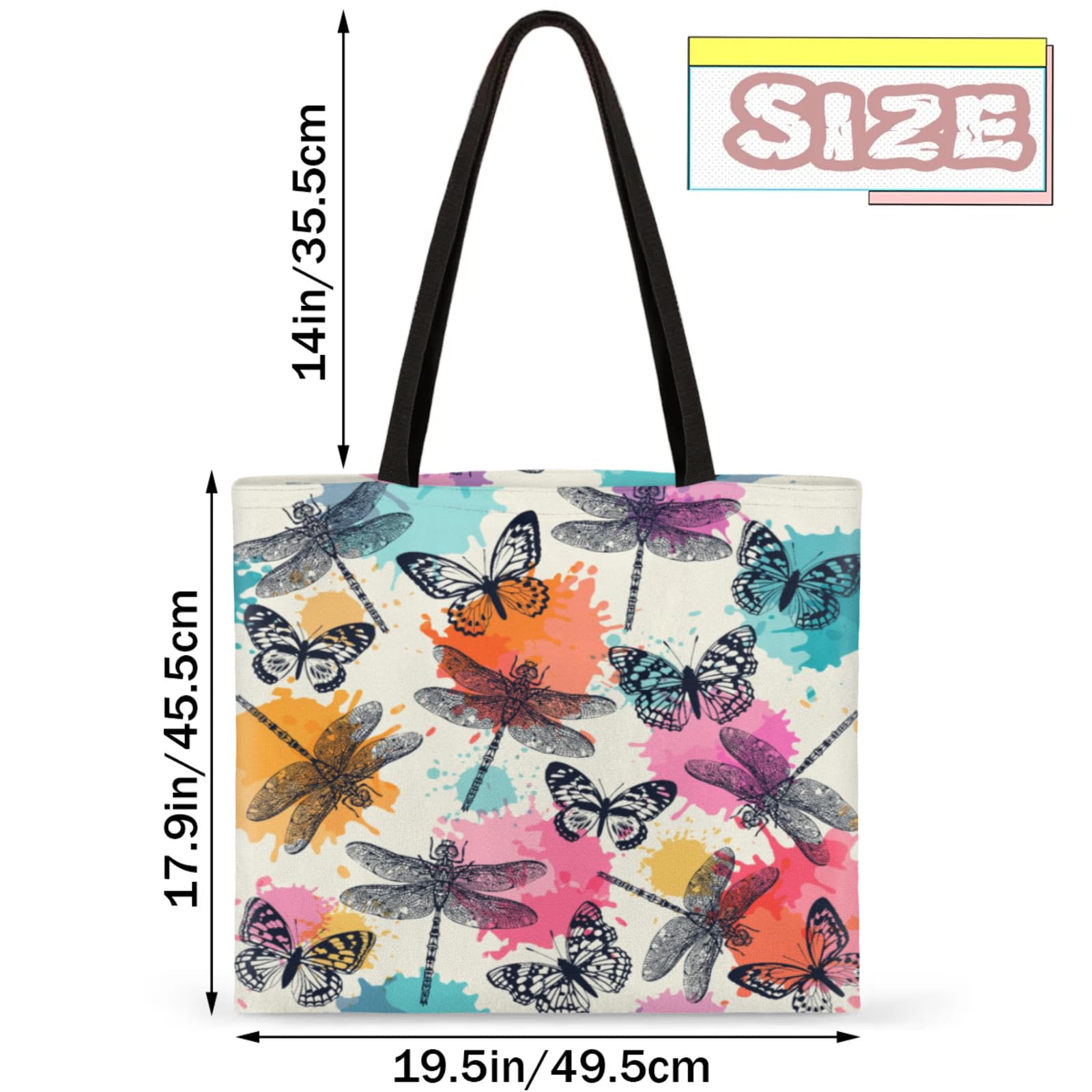 Mularoka Watercolor Dragonfly Butterfly Silhouettes Square Canvas Tote Bag Top Handle Purses Stylish Women Canvas Shoulder Tote Bags Reusable Handbags for Work Travel Picnic Beach Shopping Gym Hiking
