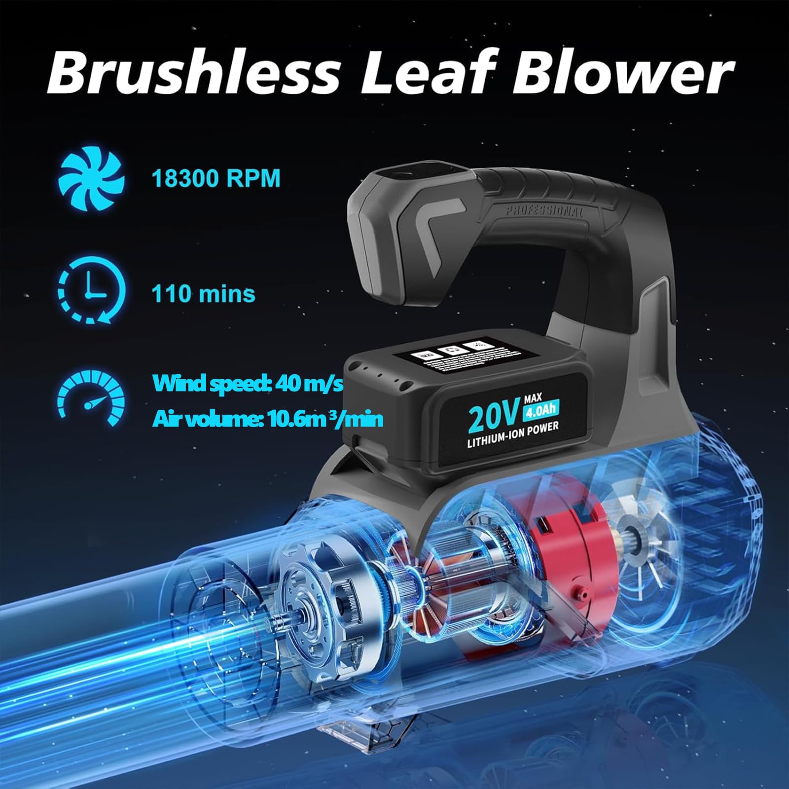 Soffiatore per Foglie a Batteria Elettrico da Giardino Aspirapolvere e Trituratore Trinciatrice Leggera 18300 Giri/min con Caricabatterie la Cura del Prato Talee Polvere Patio Neve Host + battery*2