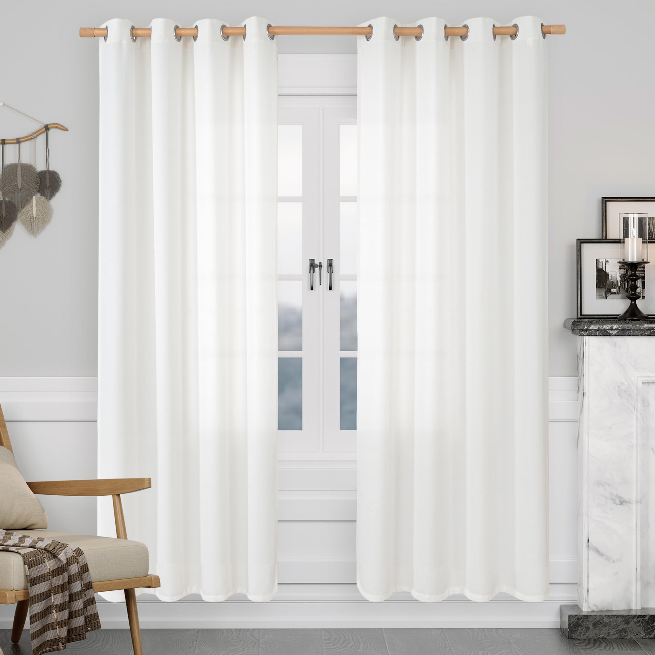 LAMIT Natural White Linen Curtains for Living Room 80 inch Length 2 Panels