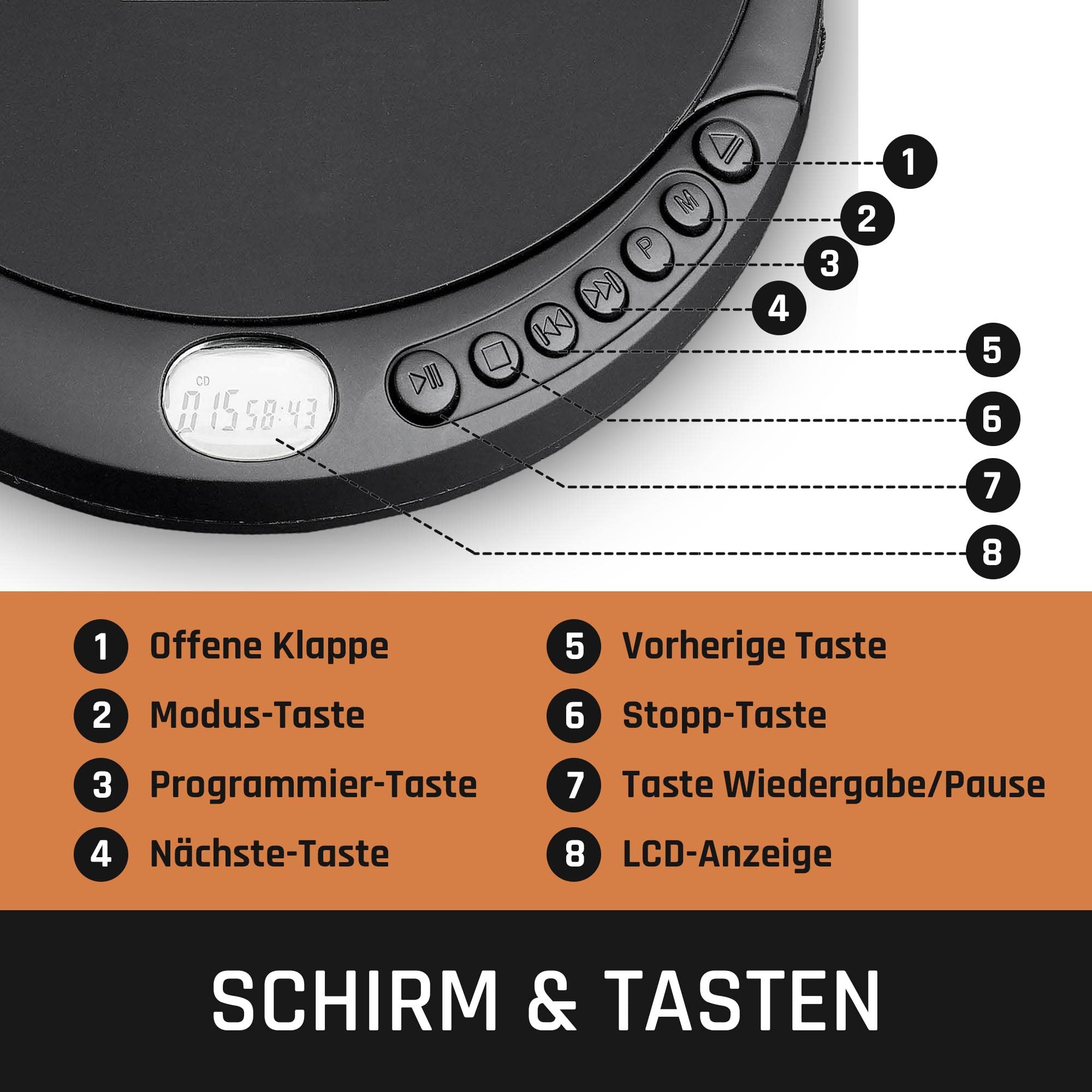 Lenco CD-200 - CD-Player - Auch für Kinder - Discman - Tragbar | CD Spieler- LCD-Display - Anti shock - Hörbuchfunktion - Kopfhörer - H USB-Ladekabel - Schwarz