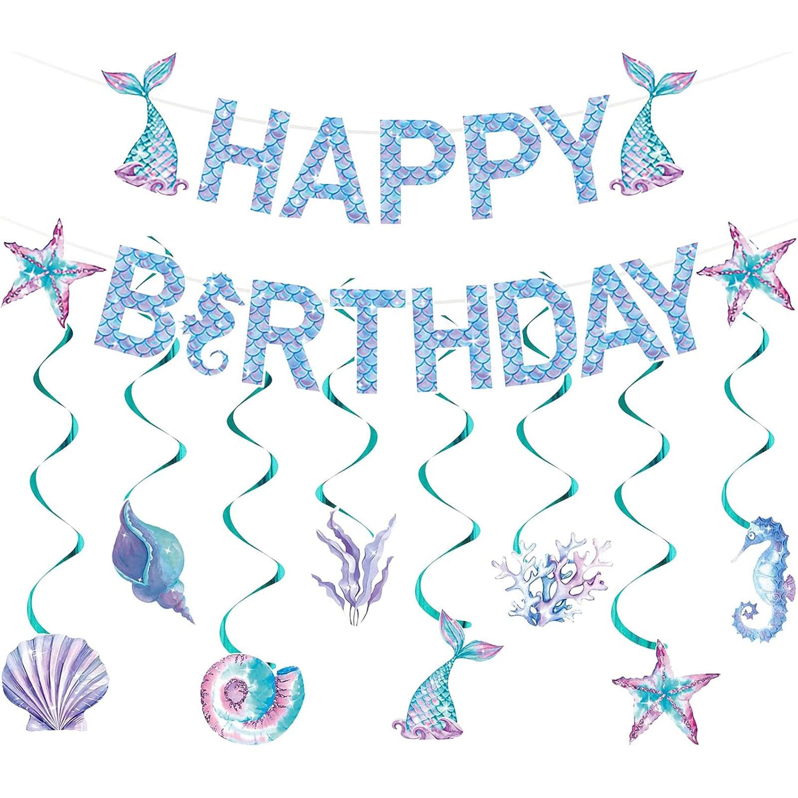 Under The Sea Party Supplies,Blue Fish Tail Happy Birthday Banner Bunting Garland Hanging Paper Swirls Kit,Seashells Under the Sea Theme Party Decoration for Kids Girls Birthday